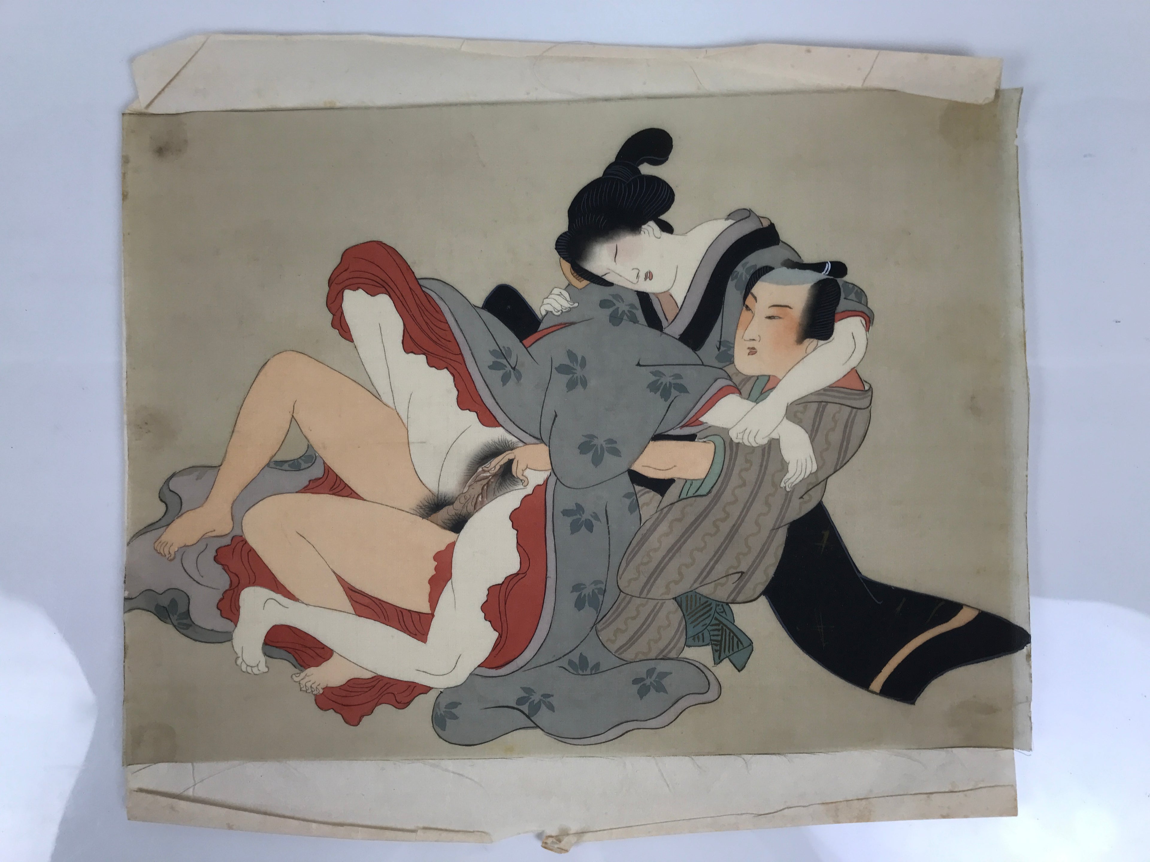 Antique Japanese Hand-Painted Silk Shunga Art Ukiyoe Kimono Couple Scene SP13
