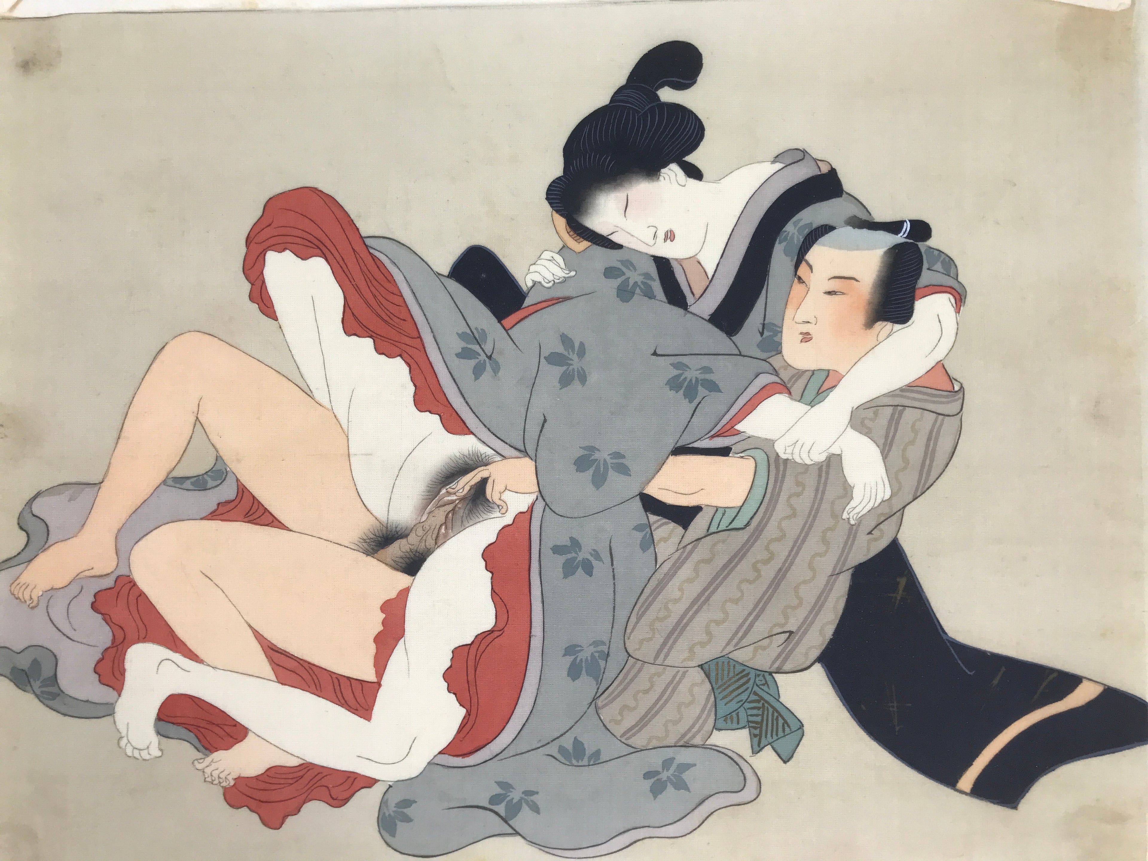 Antique Japanese Hand-Painted Silk Shunga Art Ukiyoe Kimono Couple Scene SP13