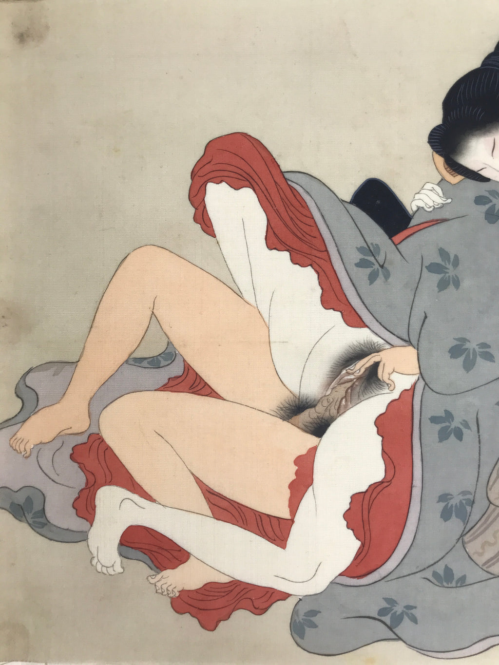 Antique Japanese Hand-Painted Silk Shunga Art Ukiyoe Kimono Couple Scene SP13