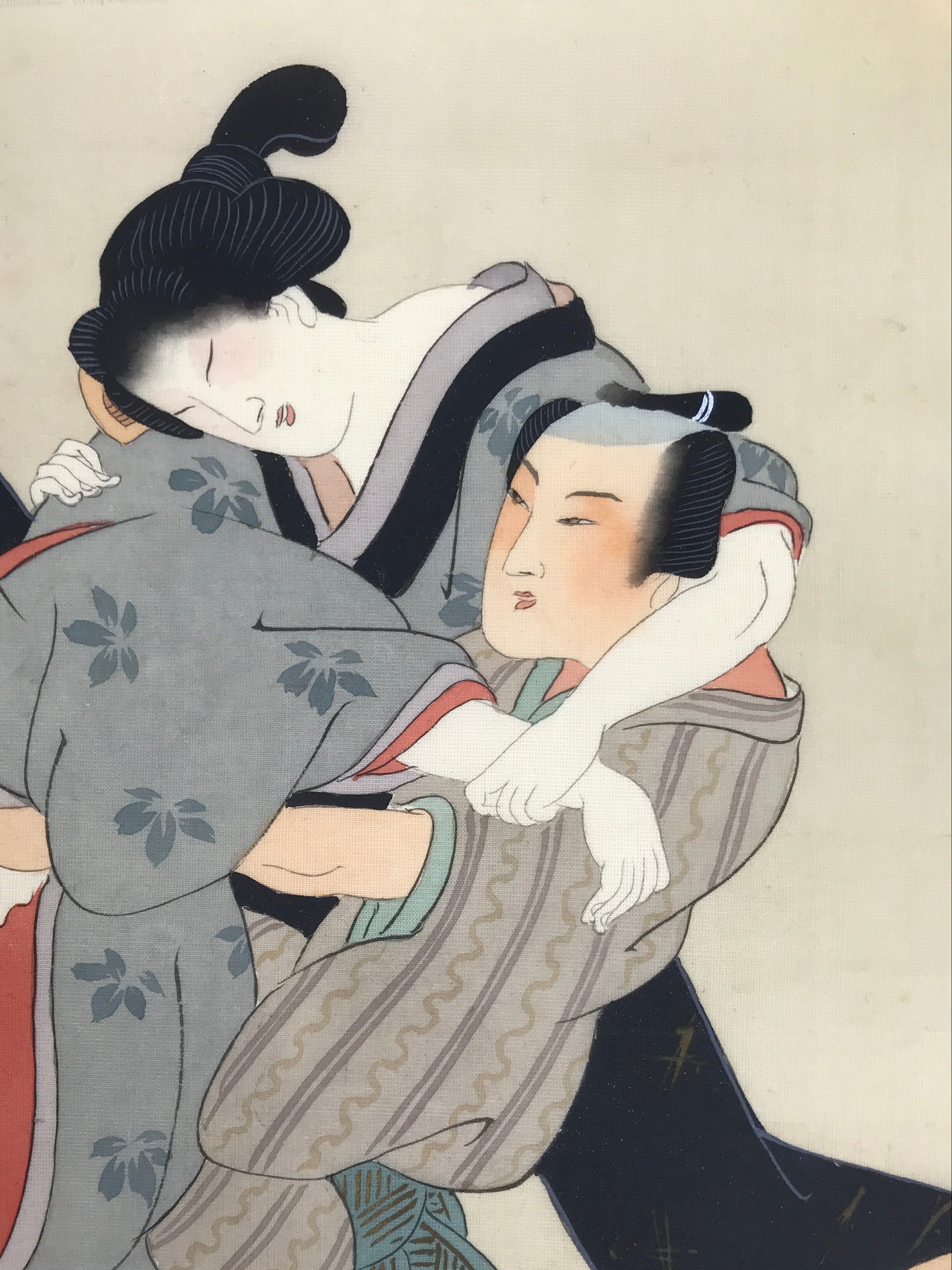 Antique Japanese Hand-Painted Silk Shunga Art Ukiyoe Kimono Couple Scene SP13