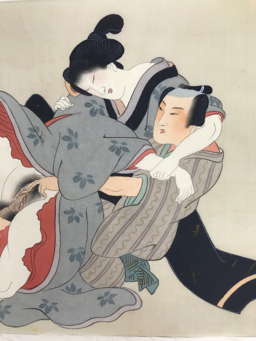 Antique Japanese Hand-Painted Silk Shunga Art Ukiyoe Kimono Couple Scene SP13