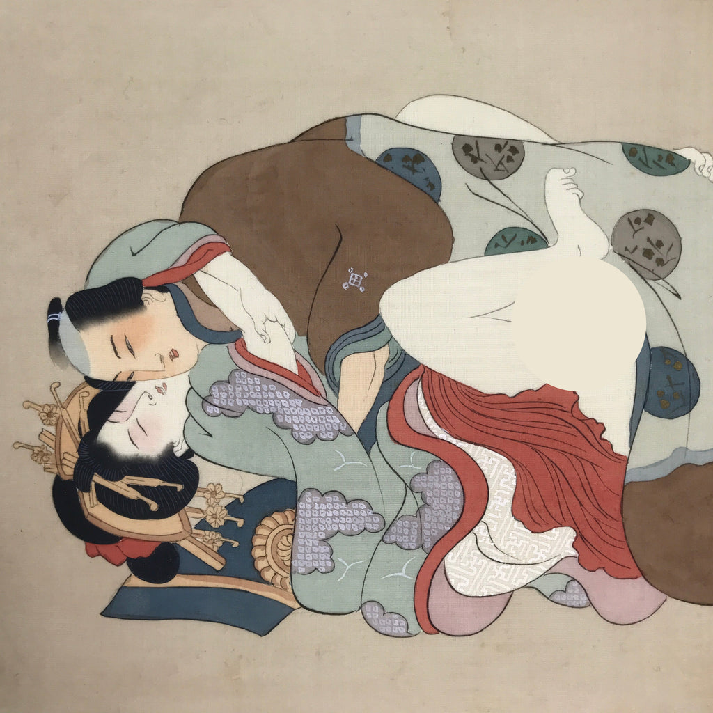 Antique Japanese Hand-Painted Silk Shunga Art Ukiyoe Kimono Couple Scene SP14