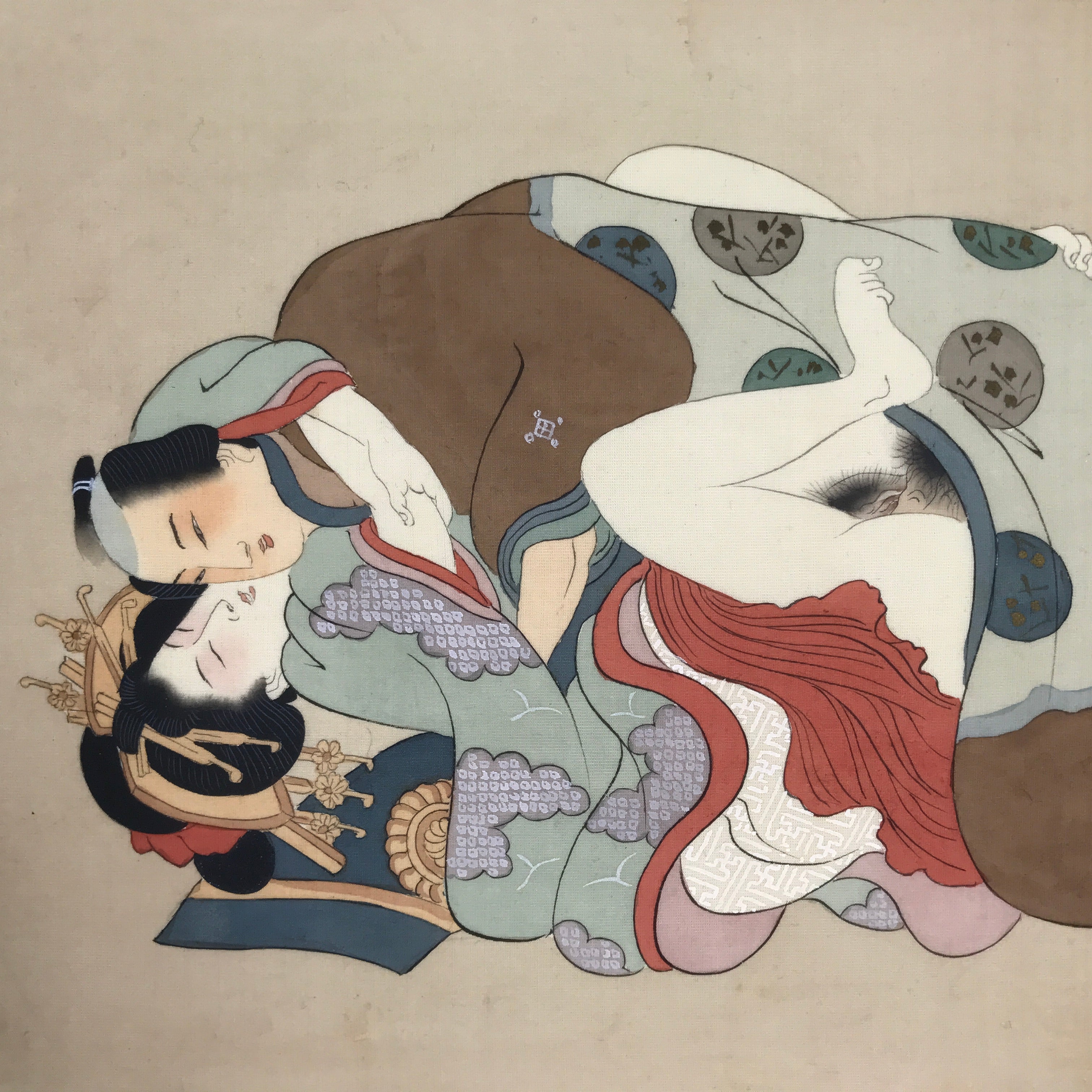 Antique Japanese Hand-Painted Silk Shunga Art Ukiyoe Kimono Couple Scene SP14