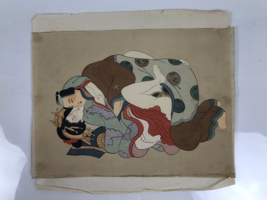 Antique Japanese Hand-Painted Silk Shunga Art Ukiyoe Kimono Couple Scene SP14