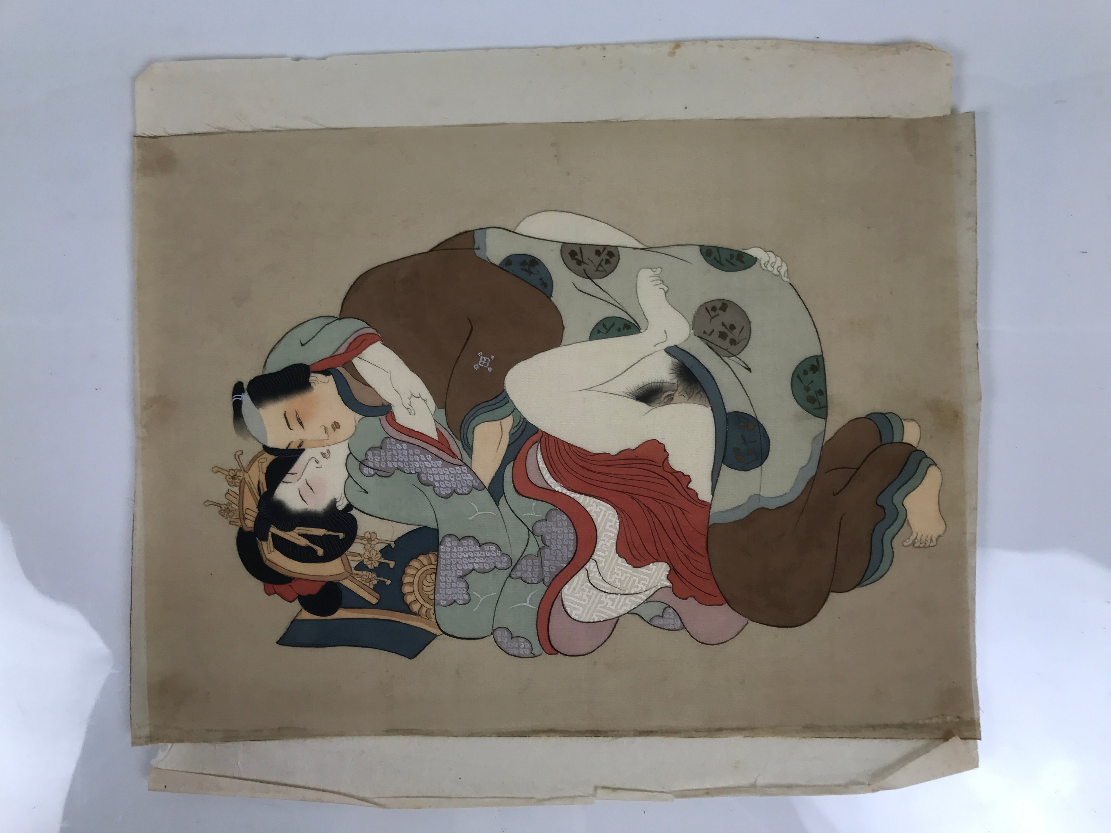 Antique Japanese Hand-Painted Silk Shunga Art Ukiyoe Kimono Couple Scene SP14