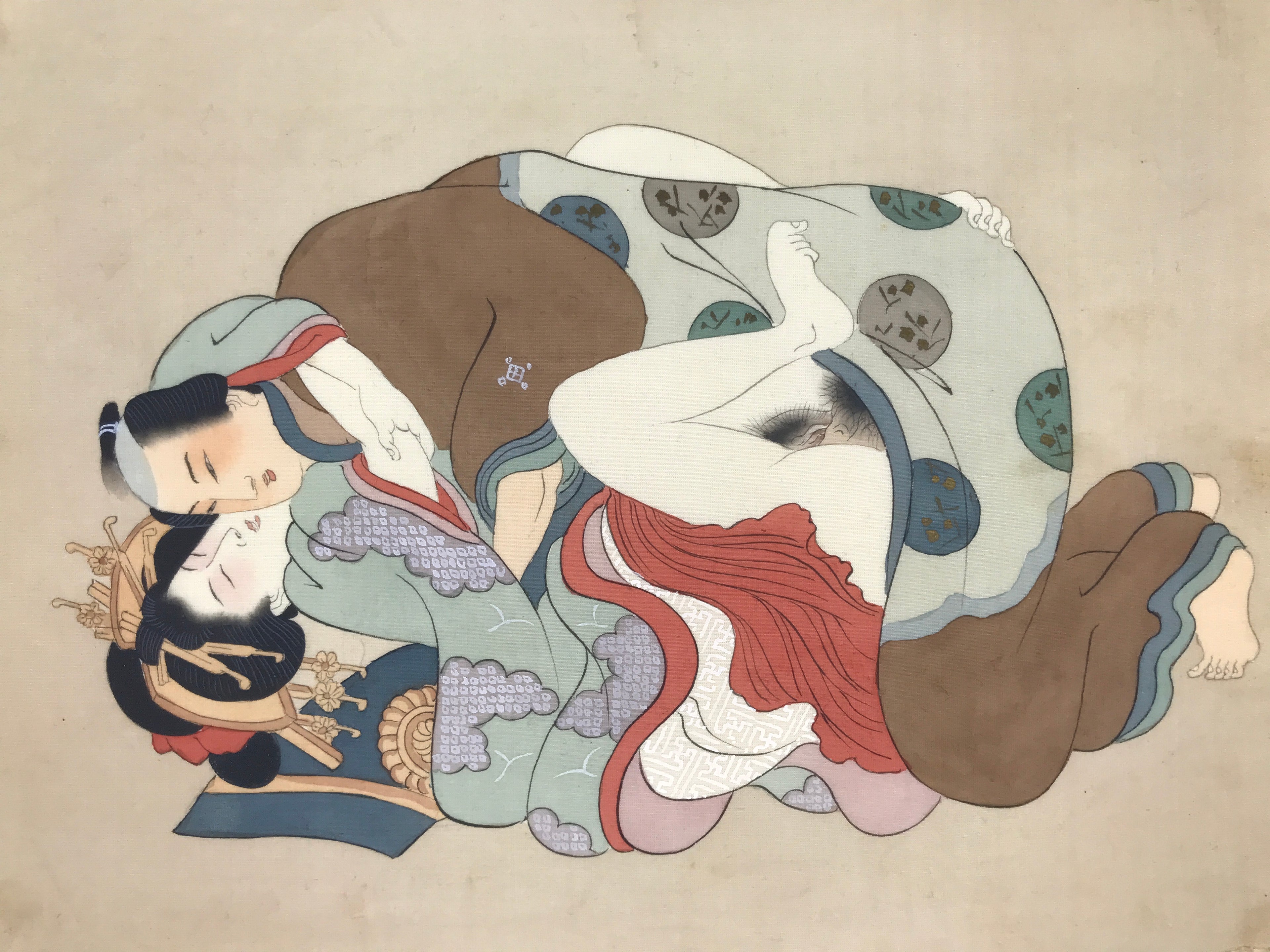 Antique Japanese Hand-Painted Silk Shunga Art Ukiyoe Kimono Couple Scene SP14