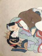 Antique Japanese Hand-Painted Silk Shunga Art Ukiyoe Kimono Couple Scene SP14
