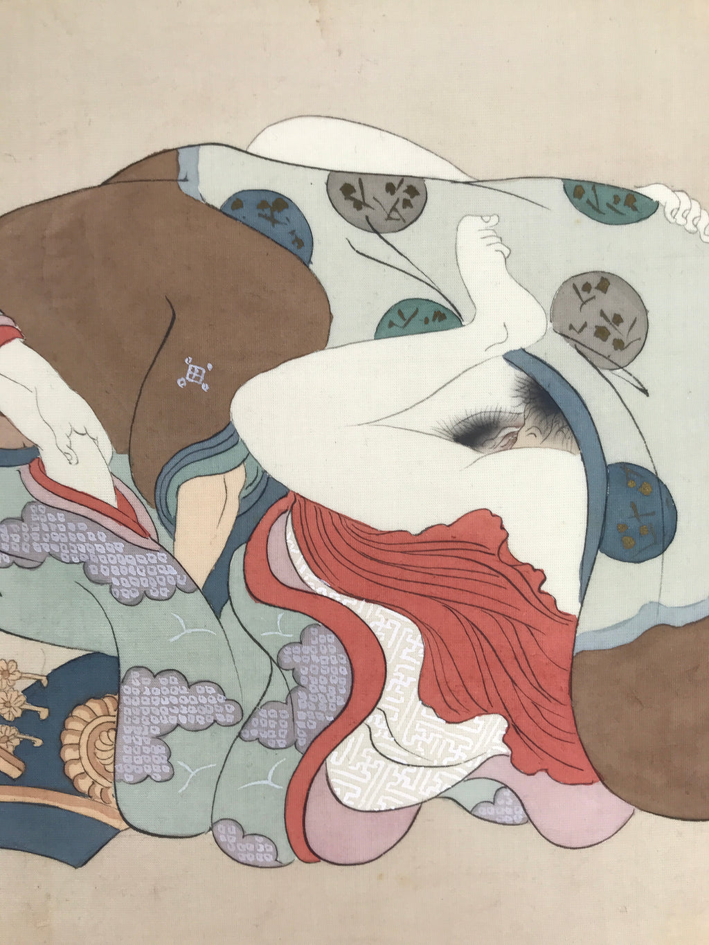 Antique Japanese Hand-Painted Silk Shunga Art Ukiyoe Kimono Couple Scene SP14