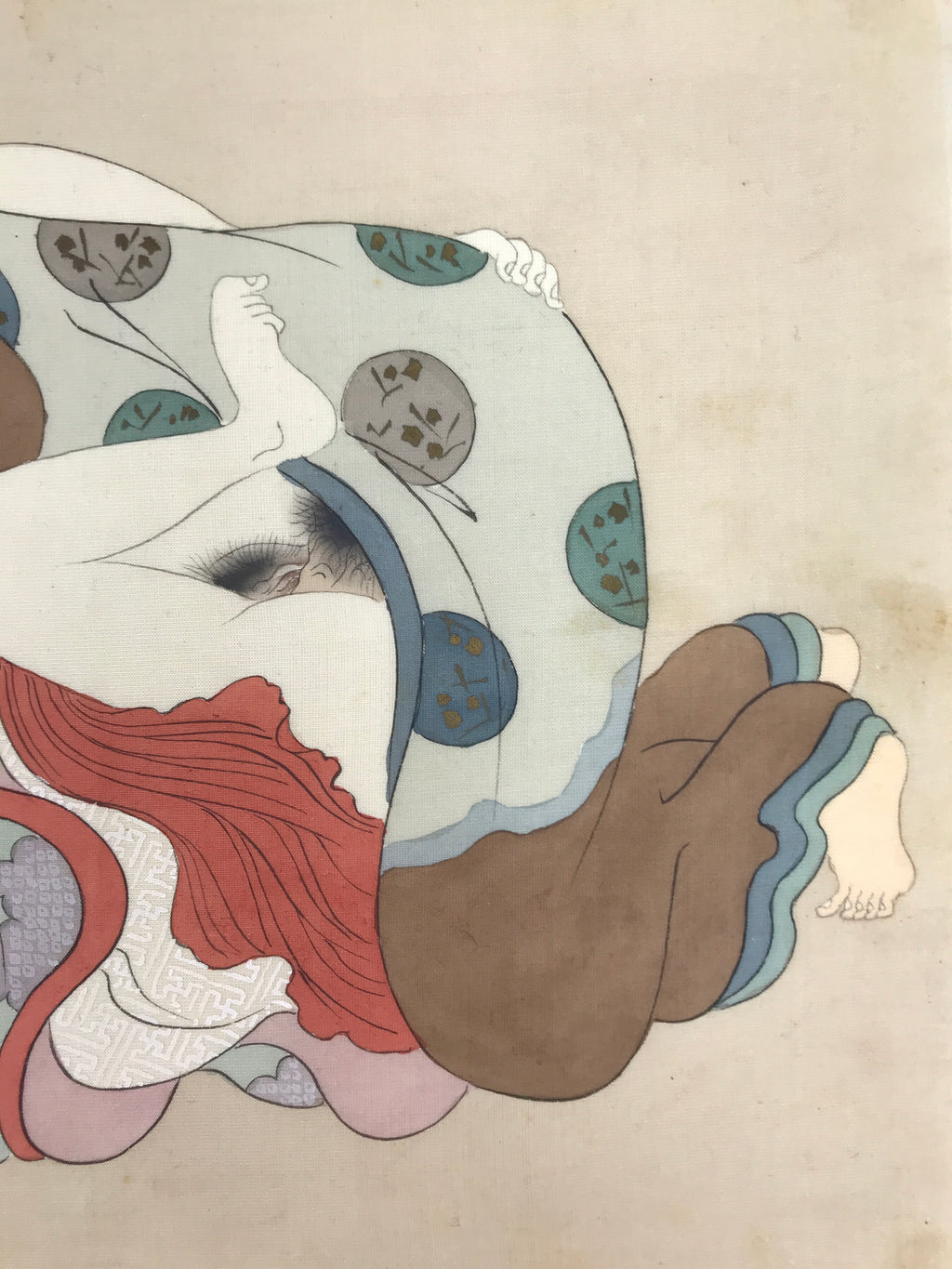 Antique Japanese Hand-Painted Silk Shunga Art Ukiyoe Kimono Couple Scene SP14