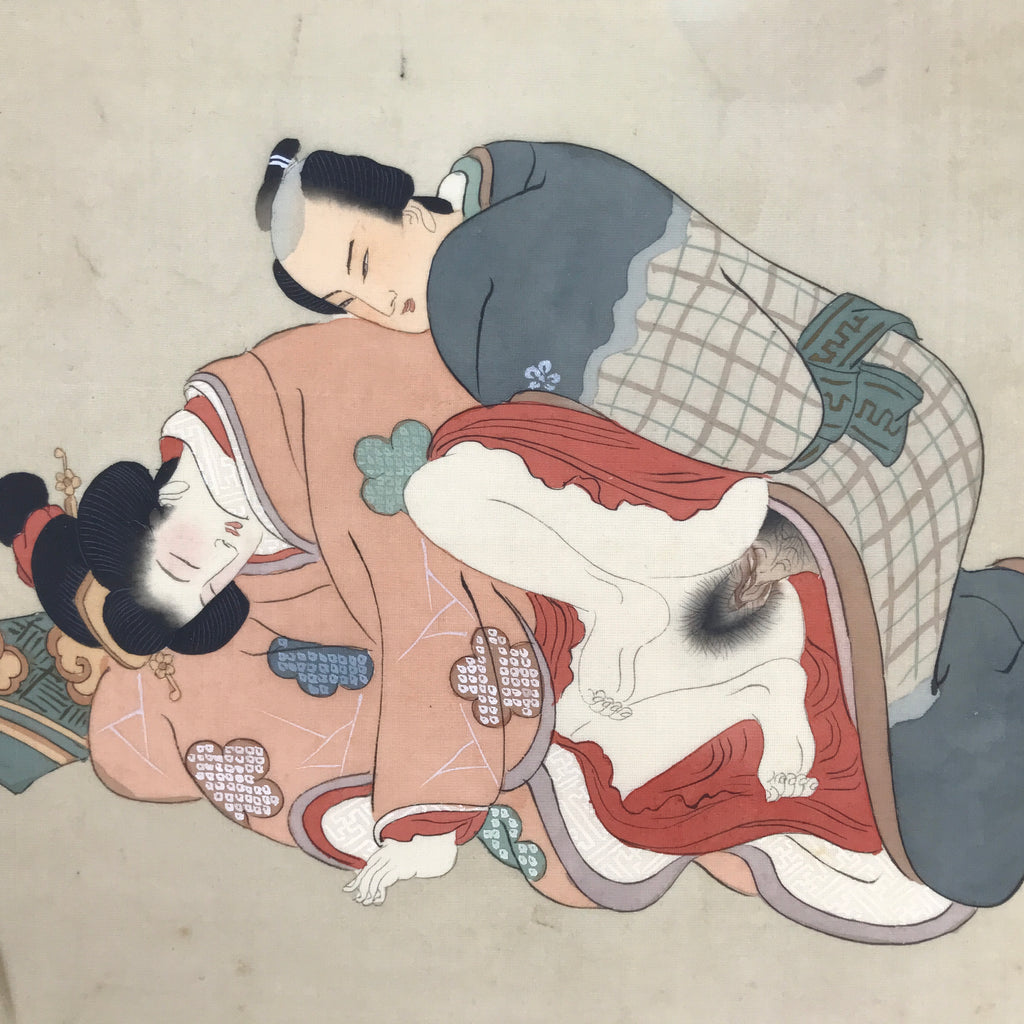 Antique Japanese Hand-Painted Silk Shunga Art Ukiyoe Kimono Couple Scene SP15