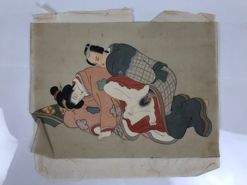Antique Japanese Hand-Painted Silk Shunga Art Ukiyoe Kimono Couple Scene SP15