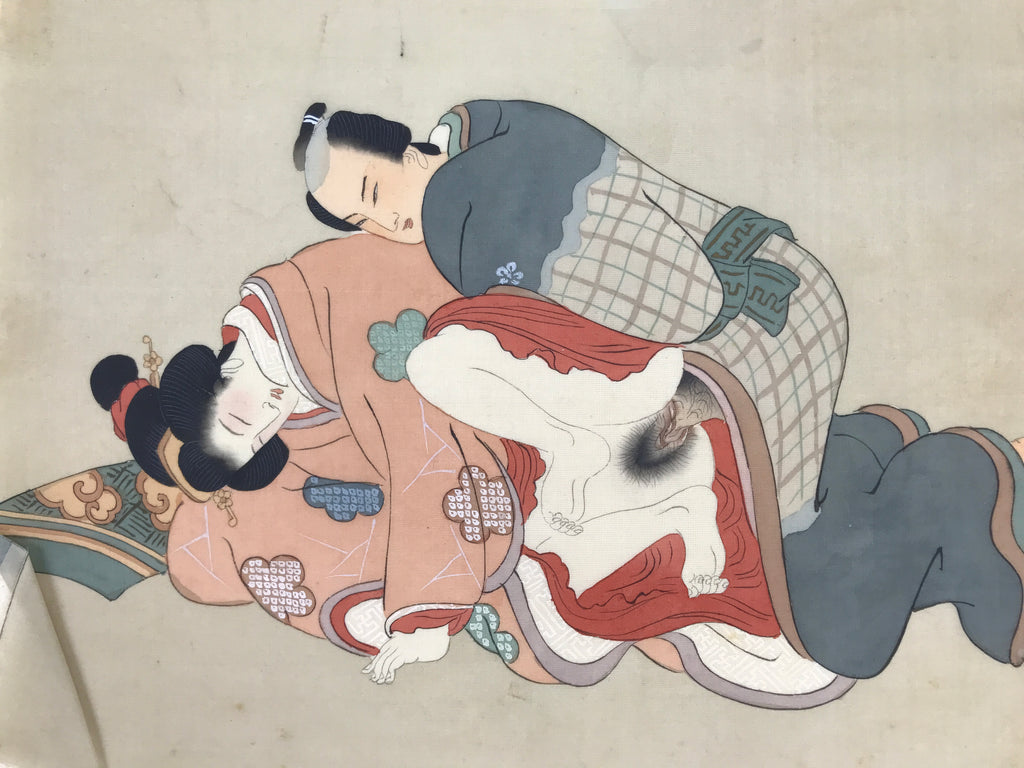 Antique Japanese Hand-Painted Silk Shunga Art Ukiyoe Kimono Couple Scene SP15
