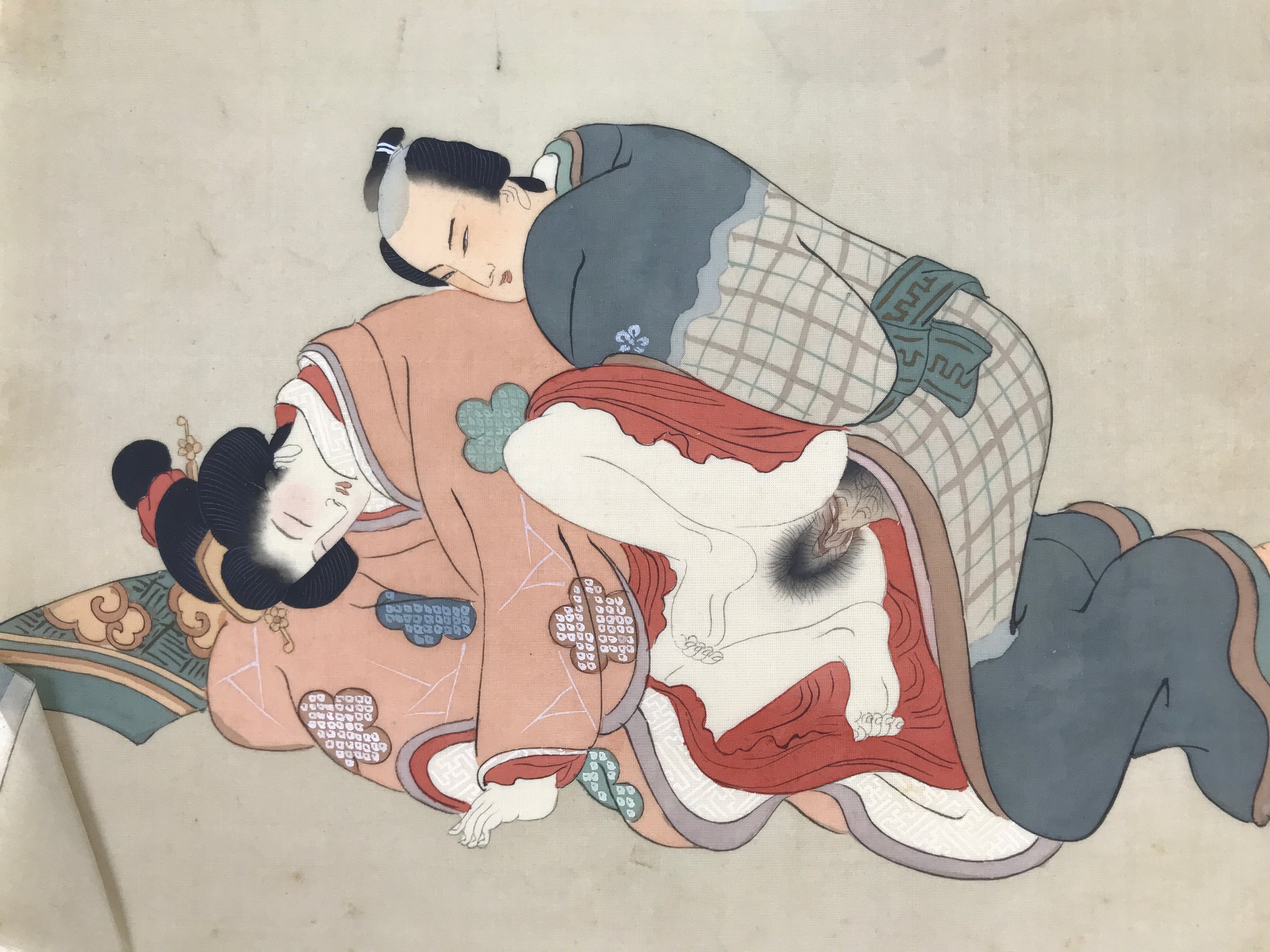 Antique Japanese Hand-Painted Silk Shunga Art Ukiyoe Kimono Couple Scene SP15