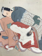 Antique Japanese Hand-Painted Silk Shunga Art Ukiyoe Kimono Couple Scene SP15
