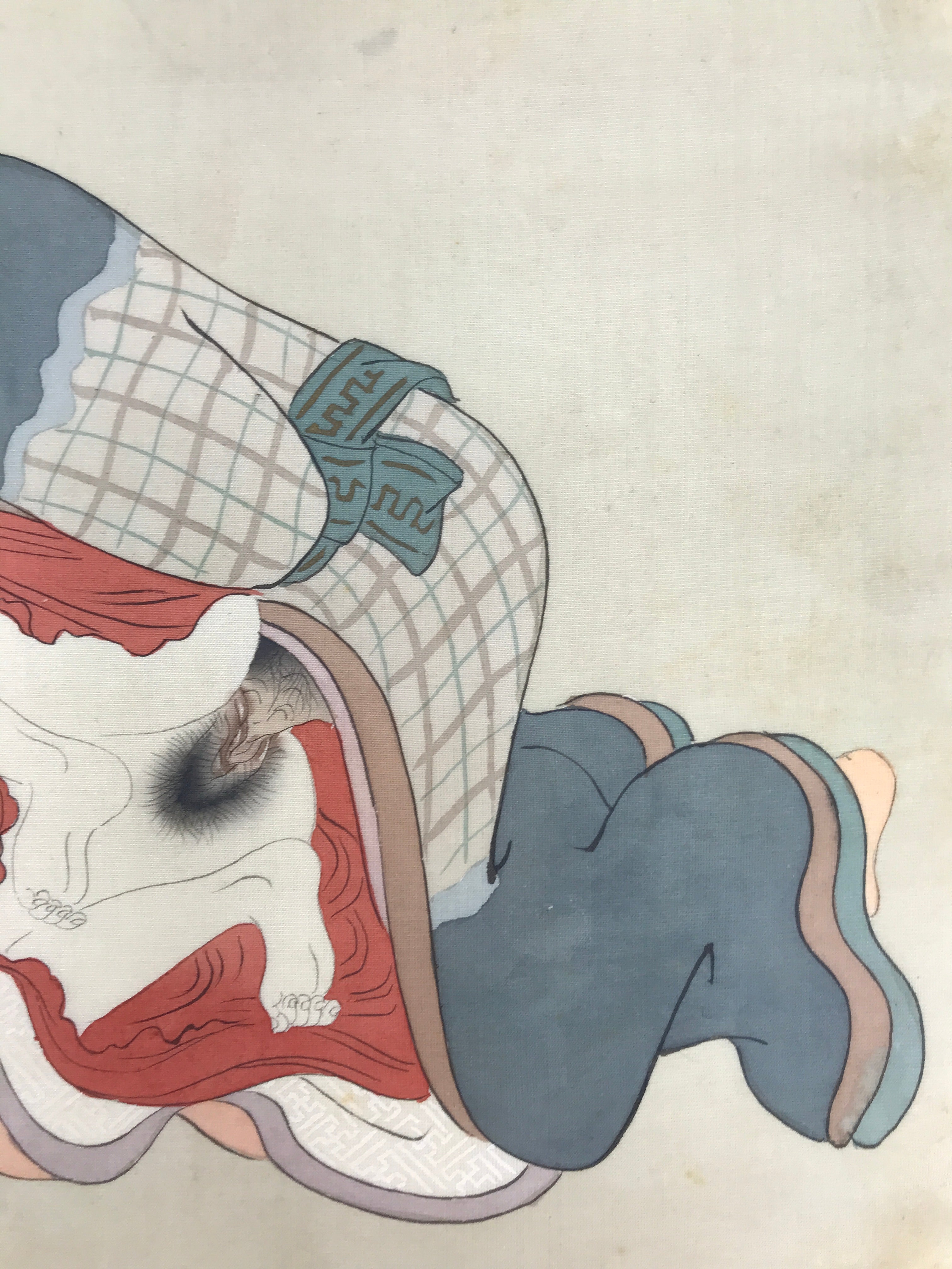 Antique Japanese Hand-Painted Silk Shunga Art Ukiyoe Kimono Couple Scene SP15