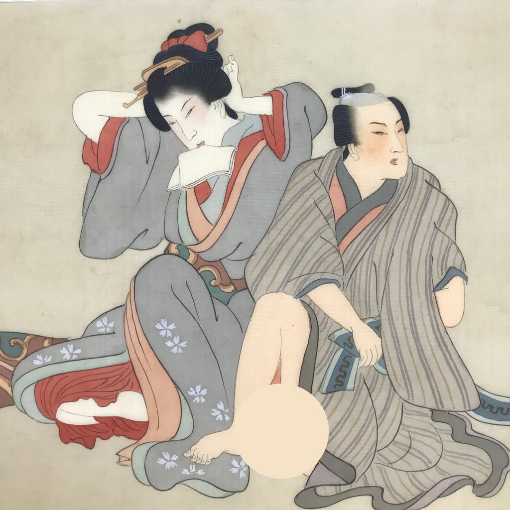 Antique Japanese Hand-Painted Silk Shunga Art Ukiyoe Kimono Couple Scene SP16