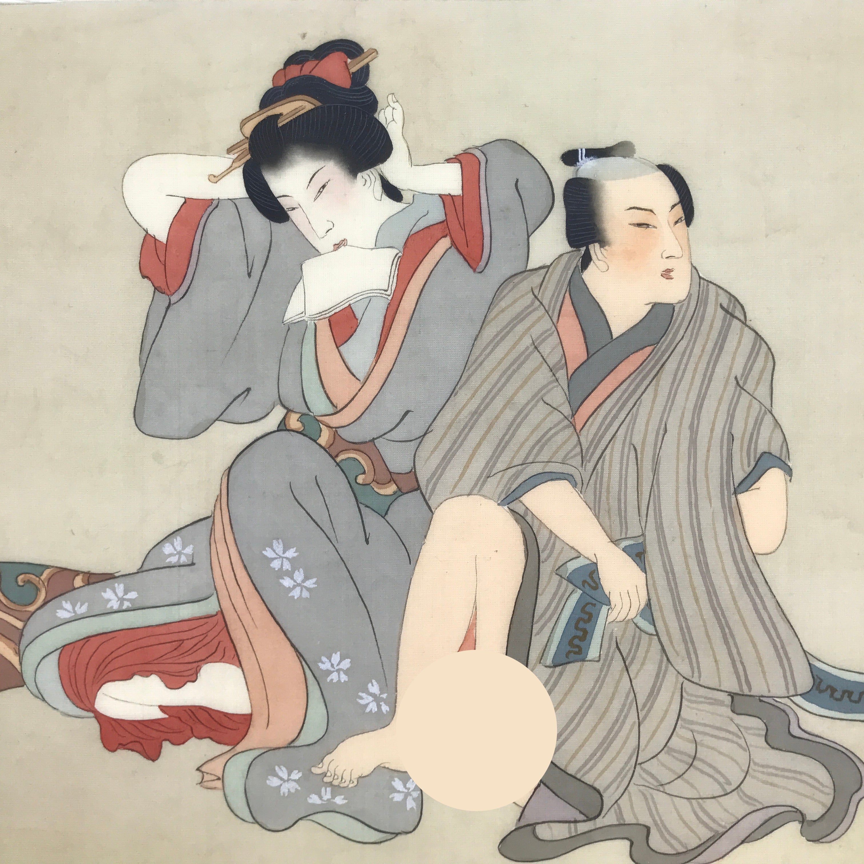 Antique Japanese Hand-Painted Silk Shunga Art Ukiyoe Kimono Couple Scene SP16