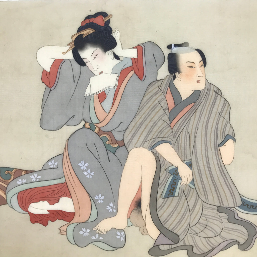 Antique Japanese Hand-Painted Silk Shunga Art Ukiyoe Kimono Couple Scene SP16
