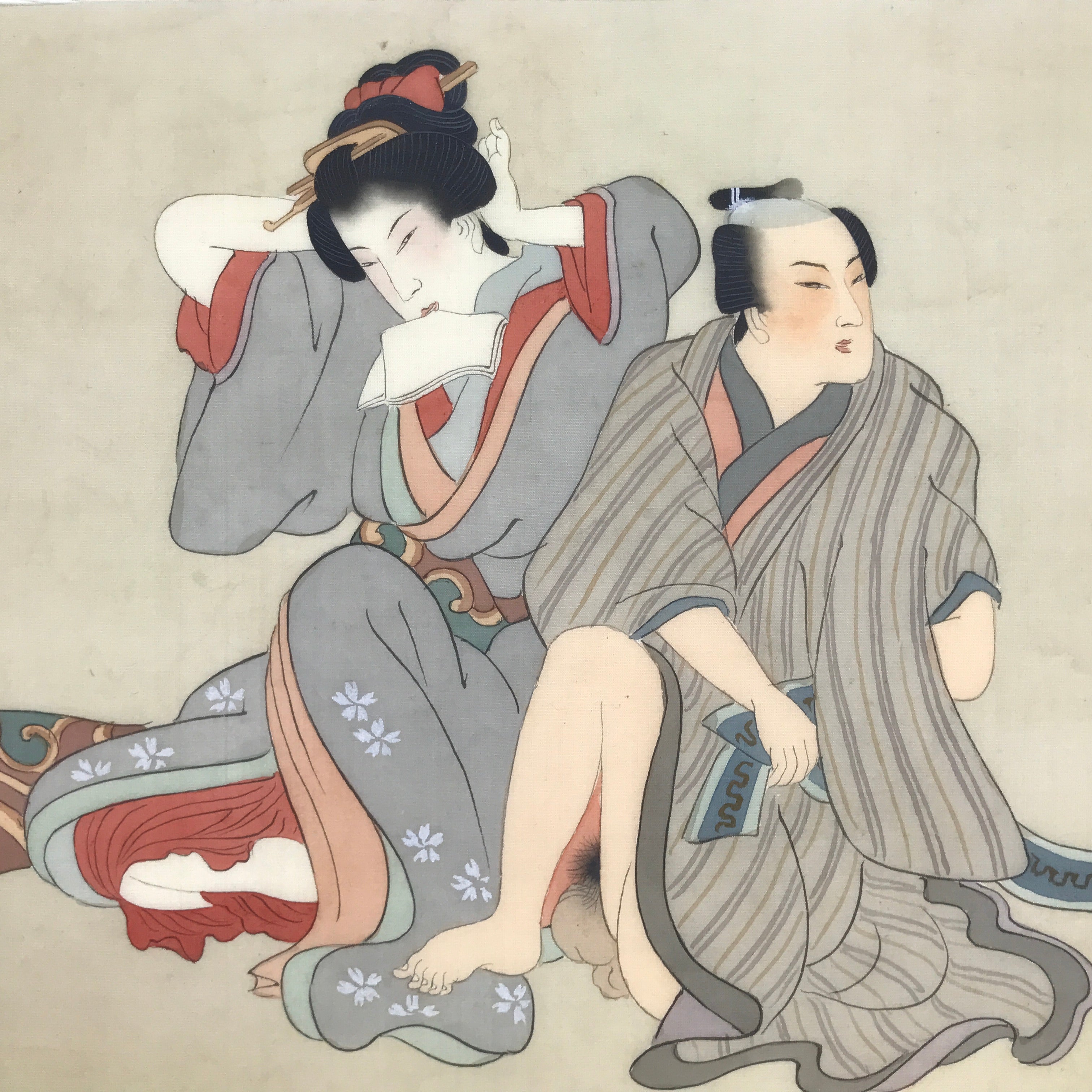 Antique Japanese Hand-Painted Silk Shunga Art Ukiyoe Kimono Couple Scene SP16
