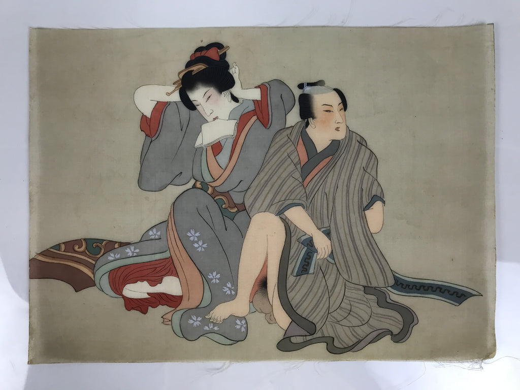 Antique Japanese Hand-Painted Silk Shunga Art Ukiyoe Kimono Couple Scene SP16