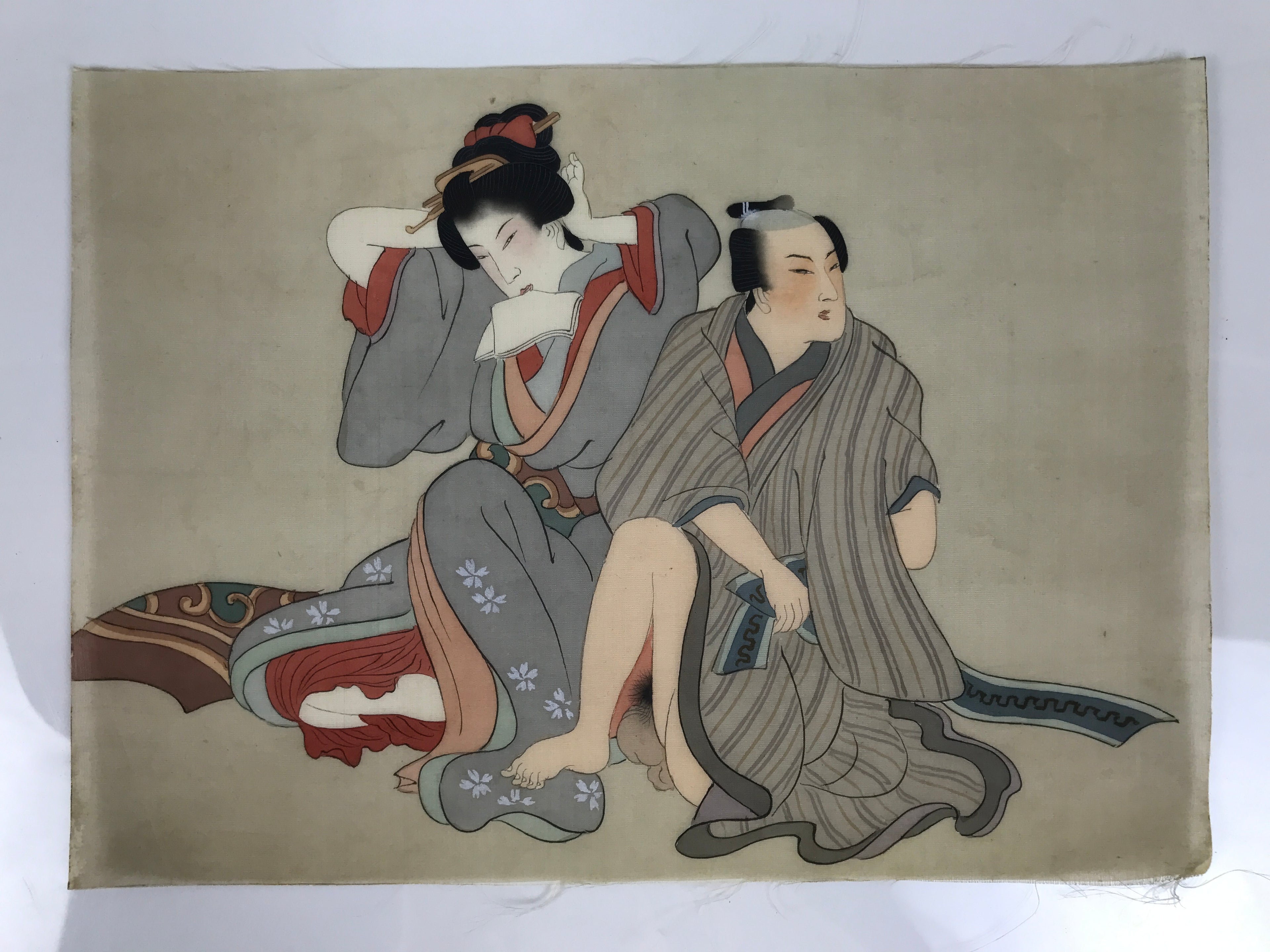 Antique Japanese Hand-Painted Silk Shunga Art Ukiyoe Kimono Couple Scene SP16