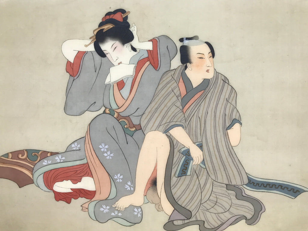 Antique Japanese Hand-Painted Silk Shunga Art Ukiyoe Kimono Couple Scene SP16