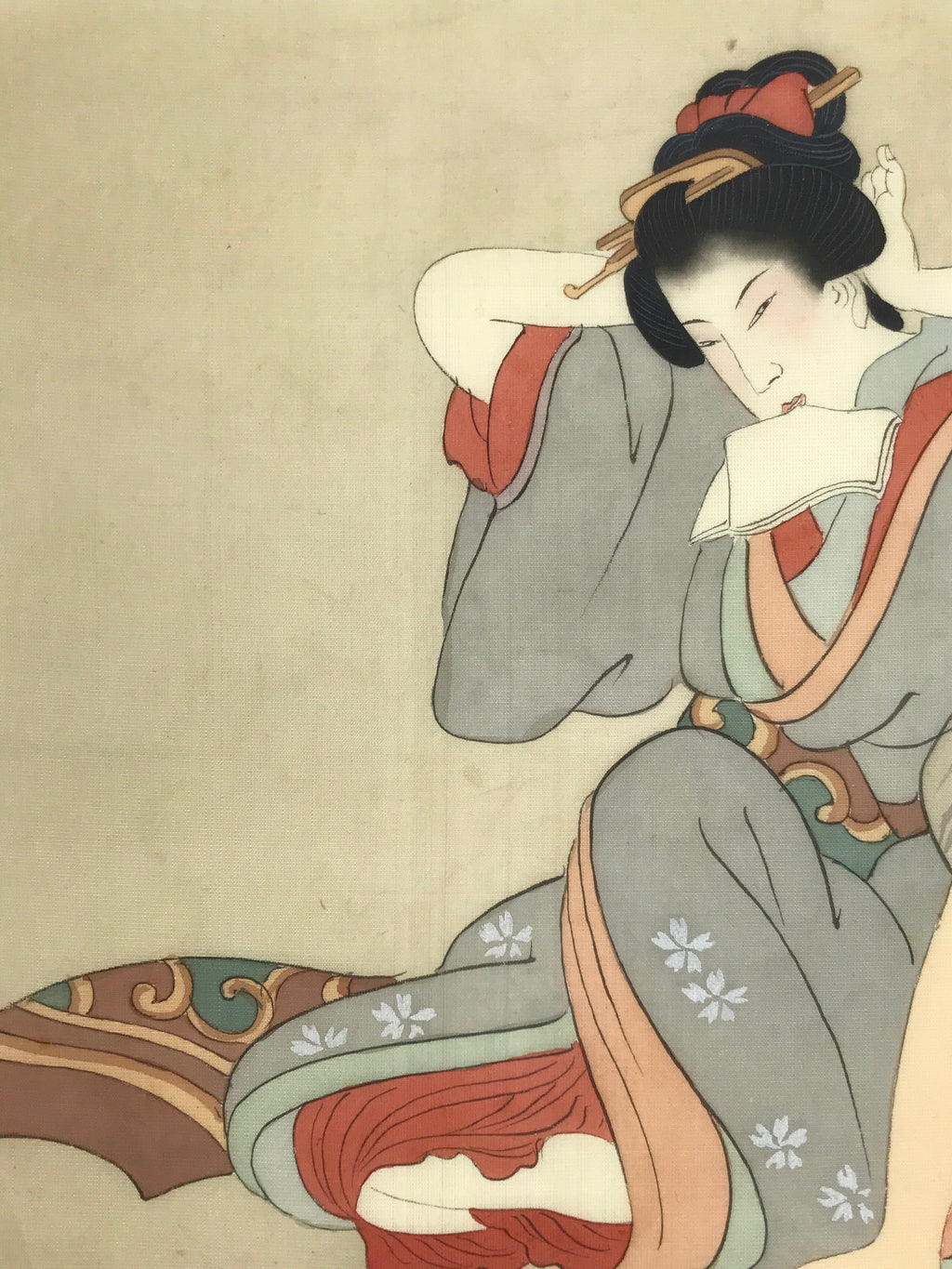 Antique Japanese Hand-Painted Silk Shunga Art Ukiyoe Kimono Couple Scene SP16