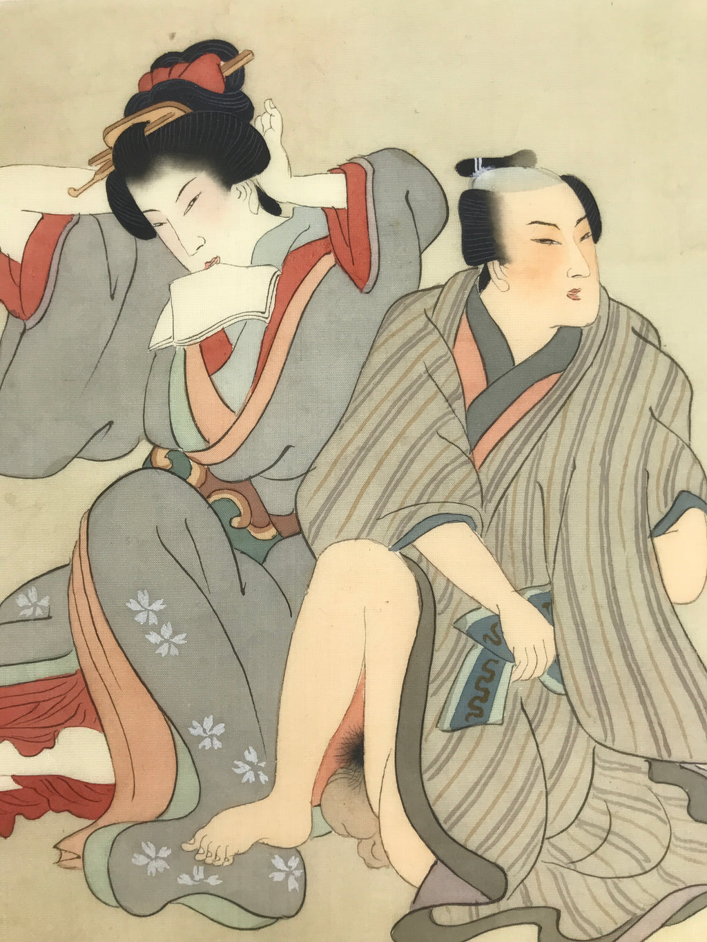 Antique Japanese Hand-Painted Silk Shunga Art Ukiyoe Kimono Couple Scene SP16