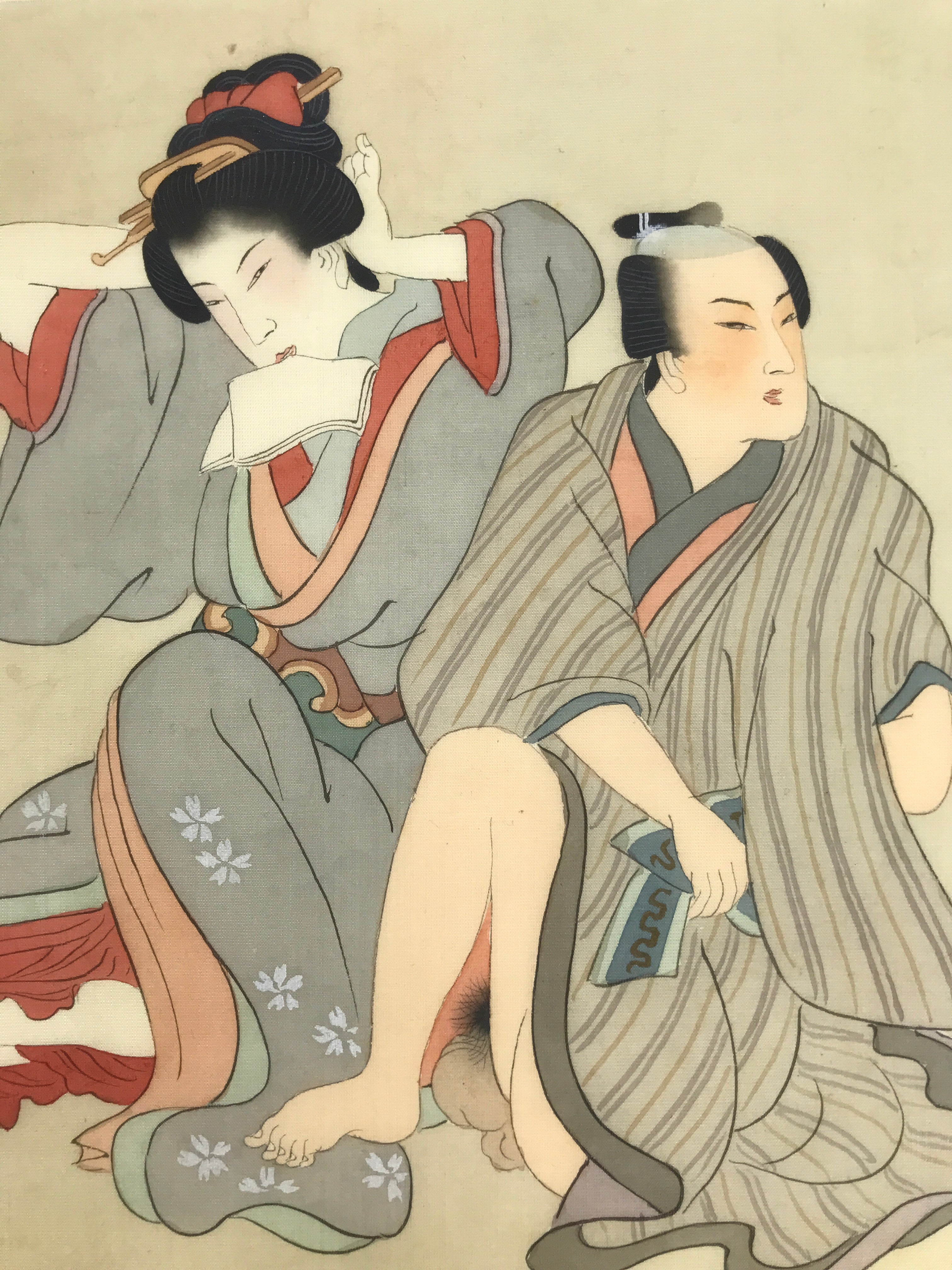 Antique Japanese Hand-Painted Silk Shunga Art Ukiyoe Kimono Couple Scene SP16