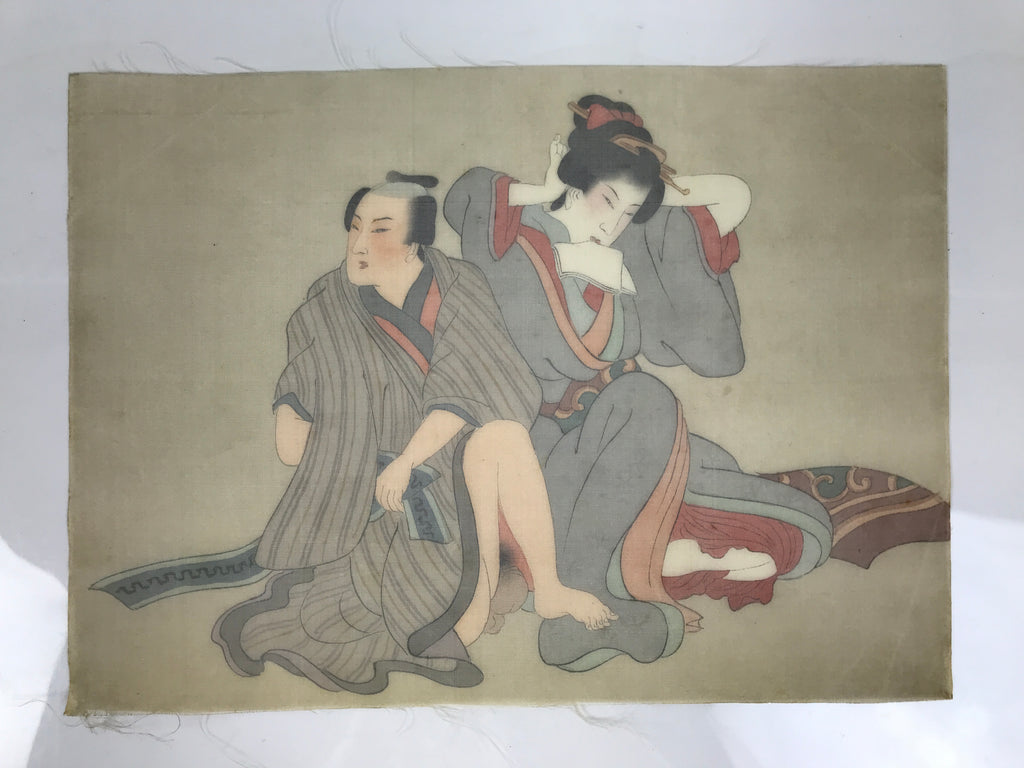 Antique Japanese Hand-Painted Silk Shunga Art Ukiyoe Kimono Couple Scene SP16