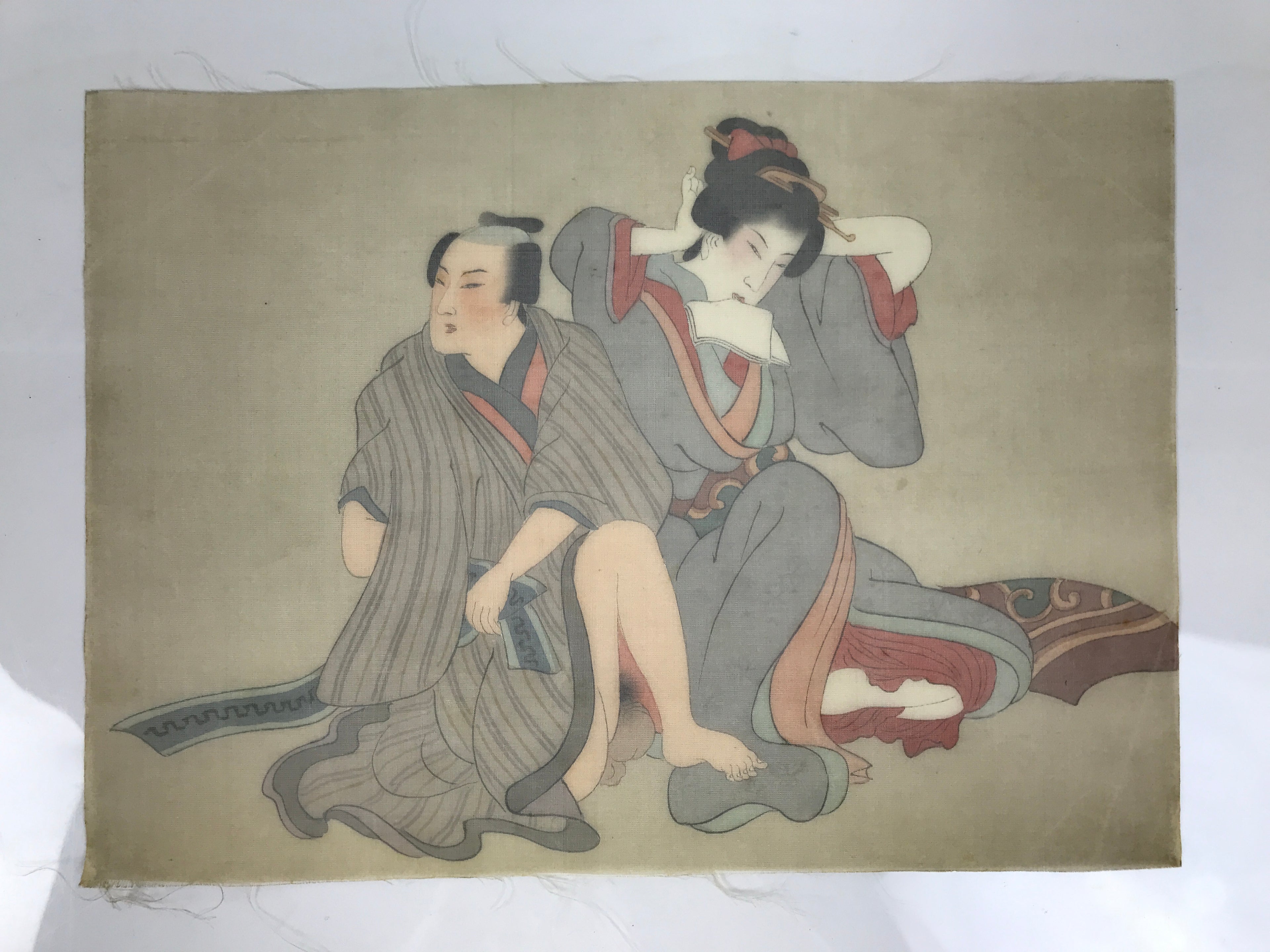 Antique Japanese Hand-Painted Silk Shunga Art Ukiyoe Kimono Couple Scene SP16