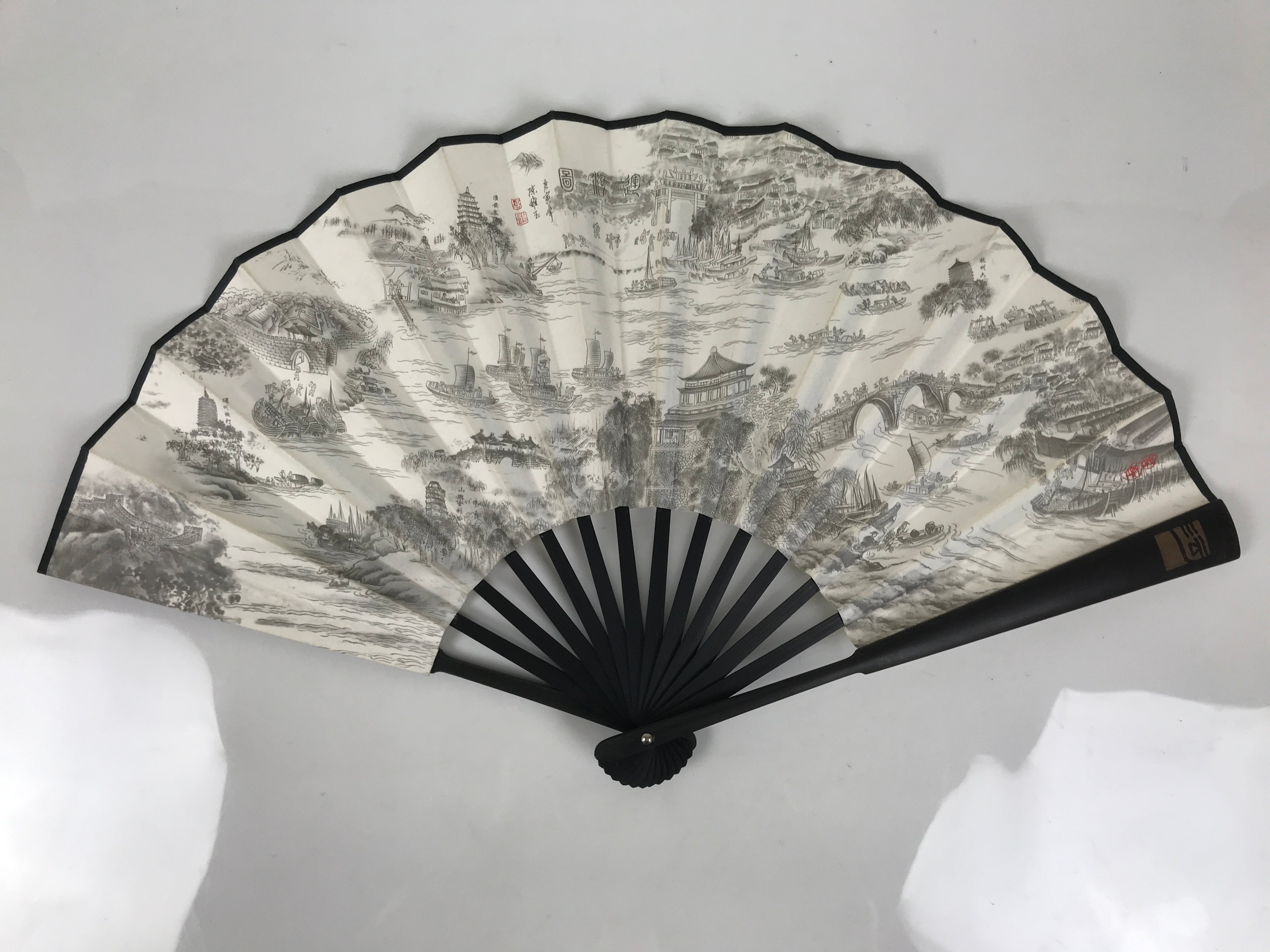 Chinese Paper Folding Fan Sensu Bamboo Frame White Black Kanji Grand Canal 5D91-AD - Fan-chidorivintage.com