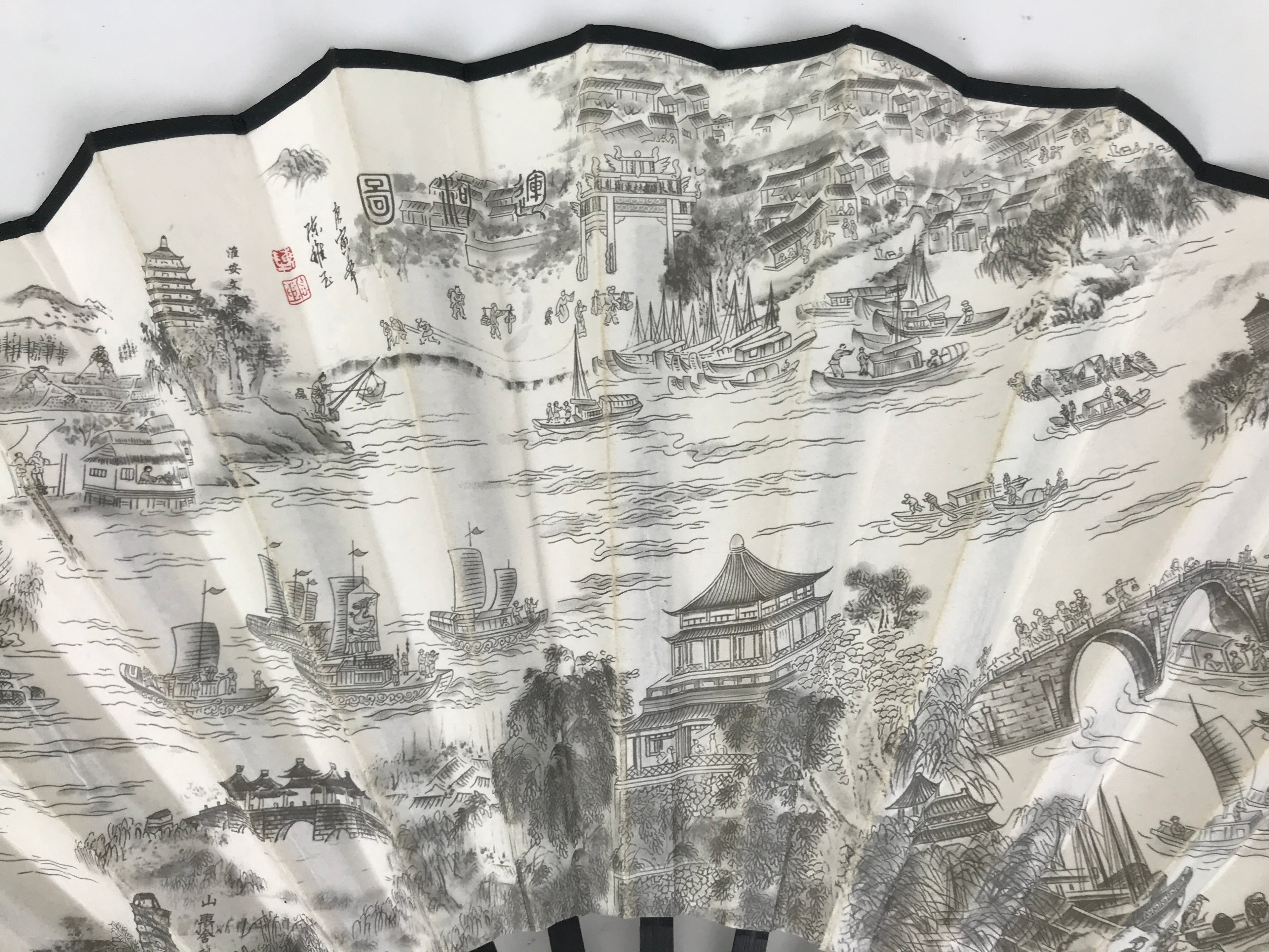 Chinese Paper Folding Fan Sensu Bamboo Frame White Black Kanji Grand Canal 5D91-AD - Fan-chidorivintage.com