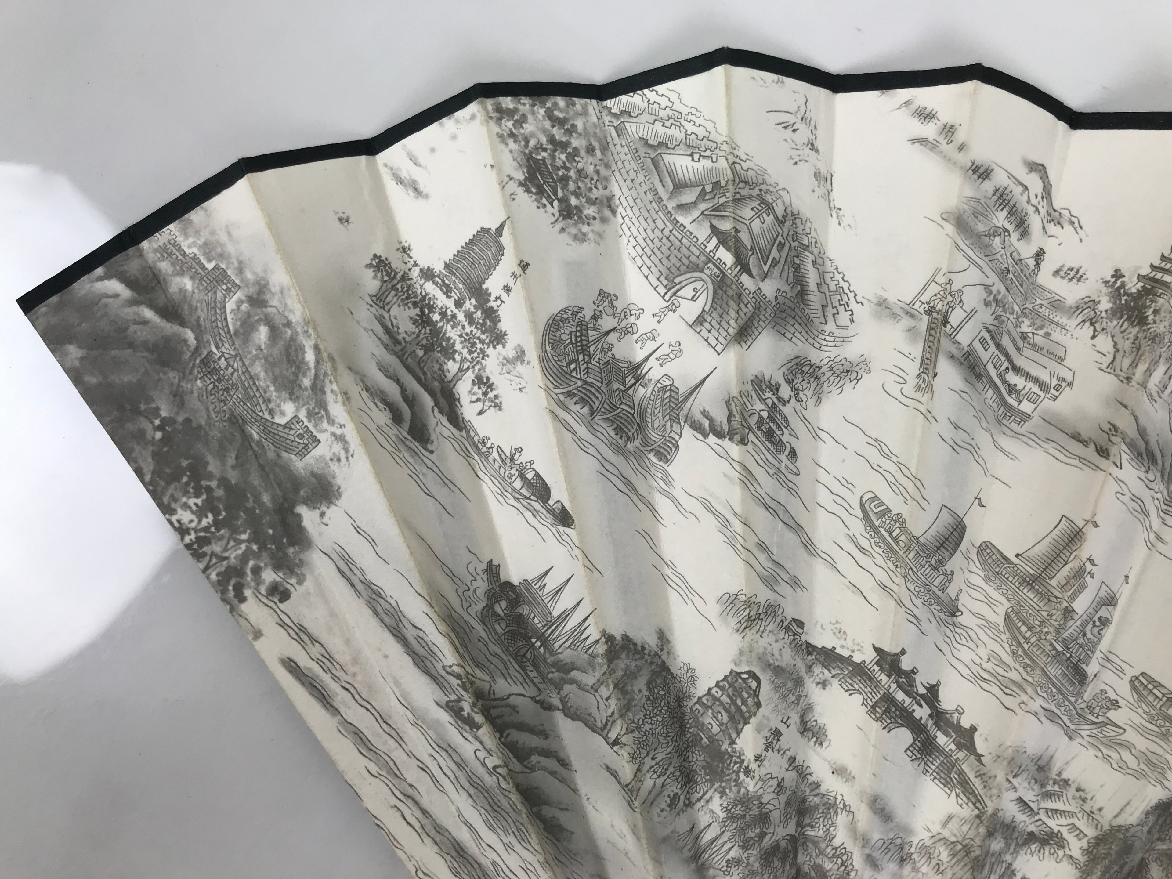 Chinese Paper Folding Fan Sensu Bamboo Frame White Black Kanji Grand Canal 5D91-AD - Fan-chidorivintage.com