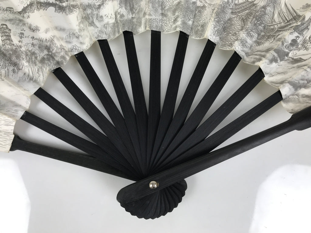 Chinese Paper Folding Fan Sensu Bamboo Frame White Black Kanji Grand Canal 5D91-AD - Fan-chidorivintage.com