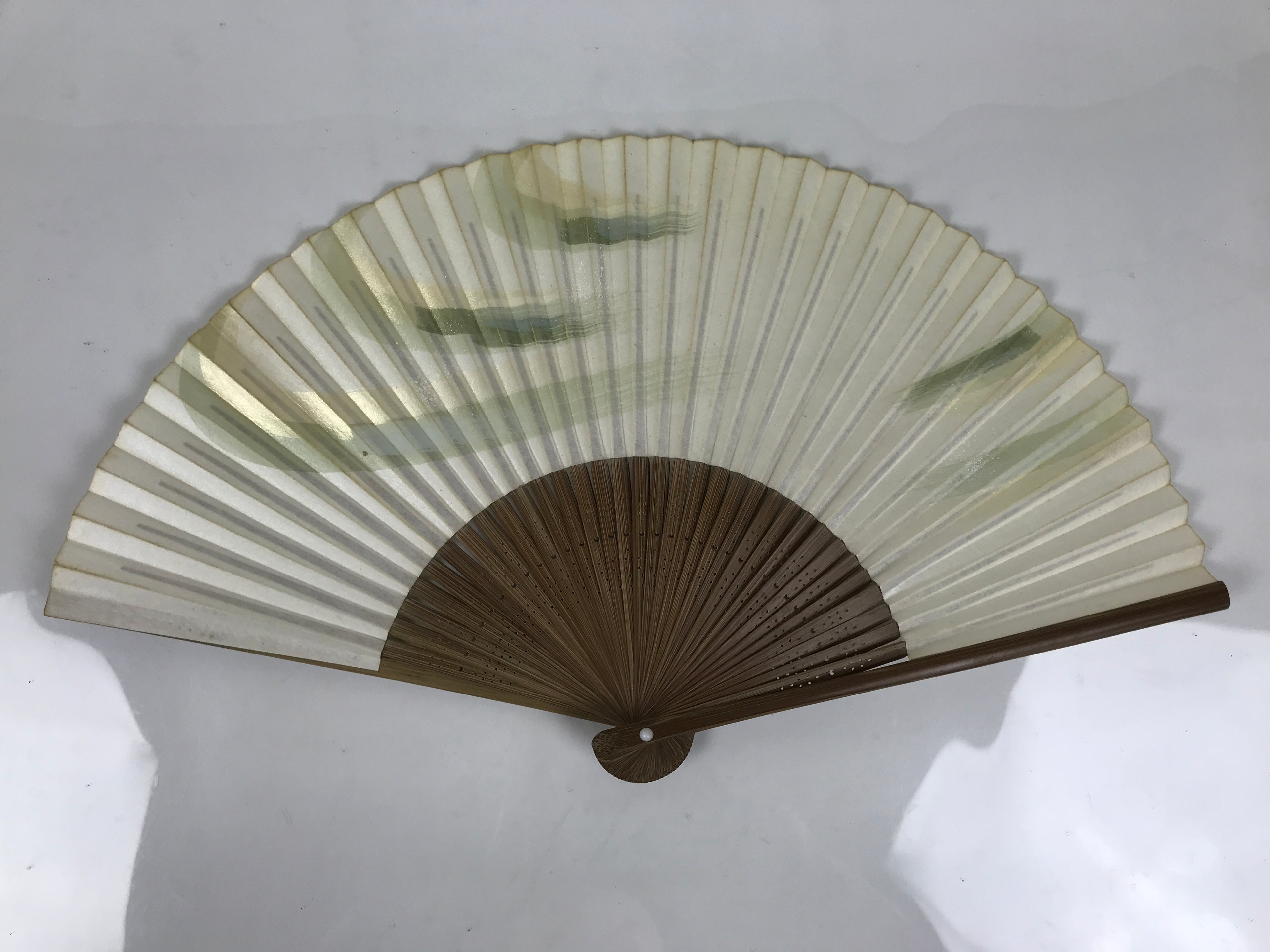 Japanese Paper Folding Fan Vtg Sensu Bamboo Frame Green Gold Brush Stroke 5D48-AD - Fan-chidorivintage.com