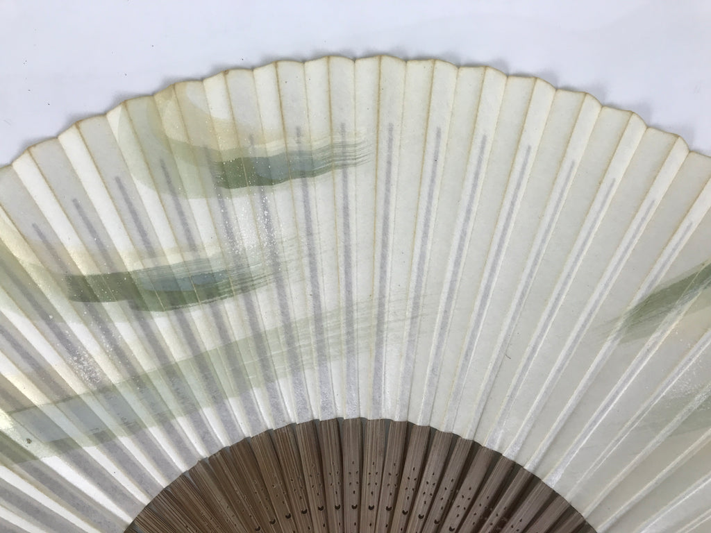 Japanese Paper Folding Fan Vtg Sensu Bamboo Frame Green Gold Brush Stroke 5D48-AD - Fan-chidorivintage.com