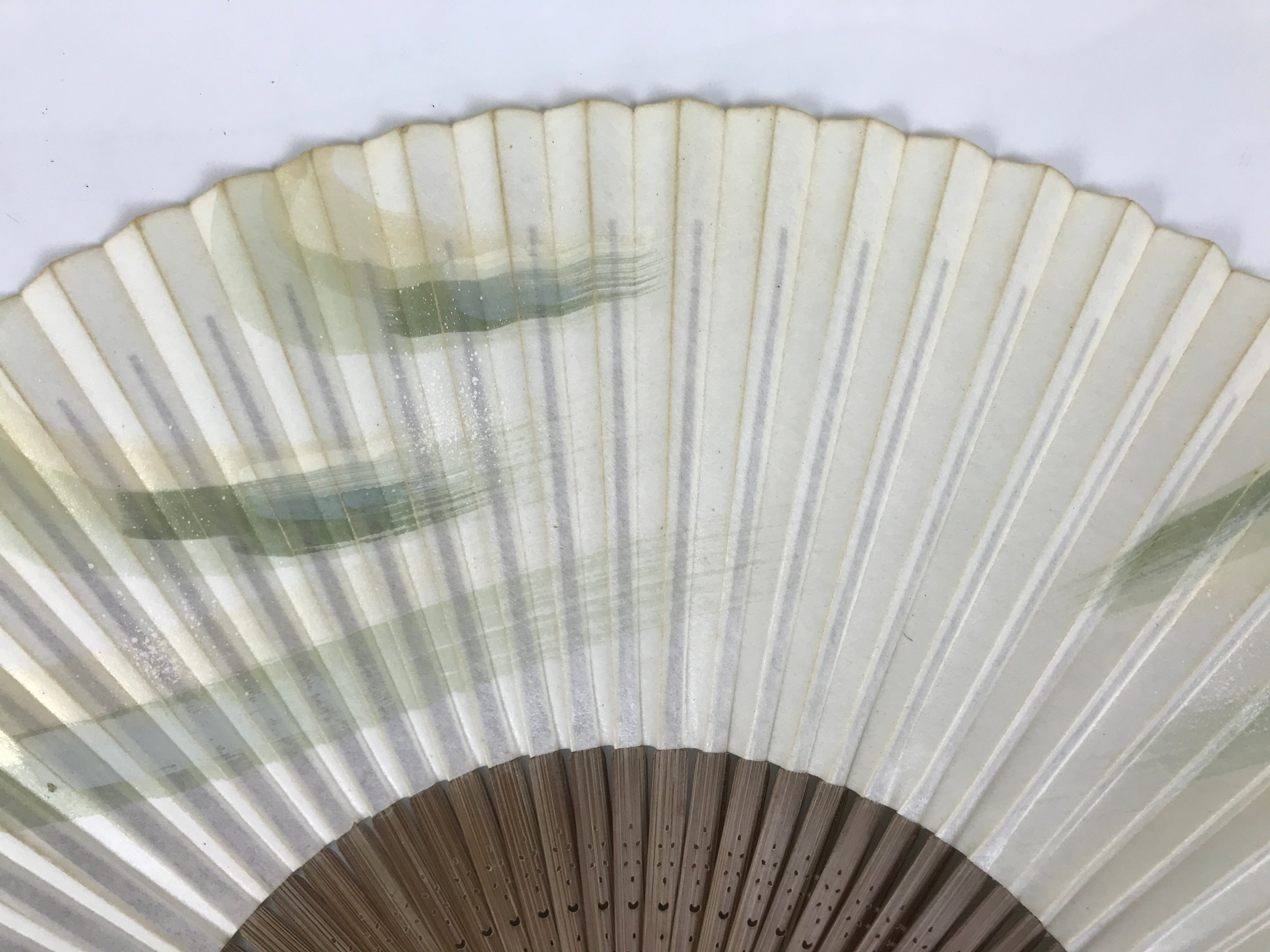Japanese Paper Folding Fan Vtg Sensu Bamboo Frame Green Gold Brush Stroke 5D48-AD - Fan-chidorivintage.com