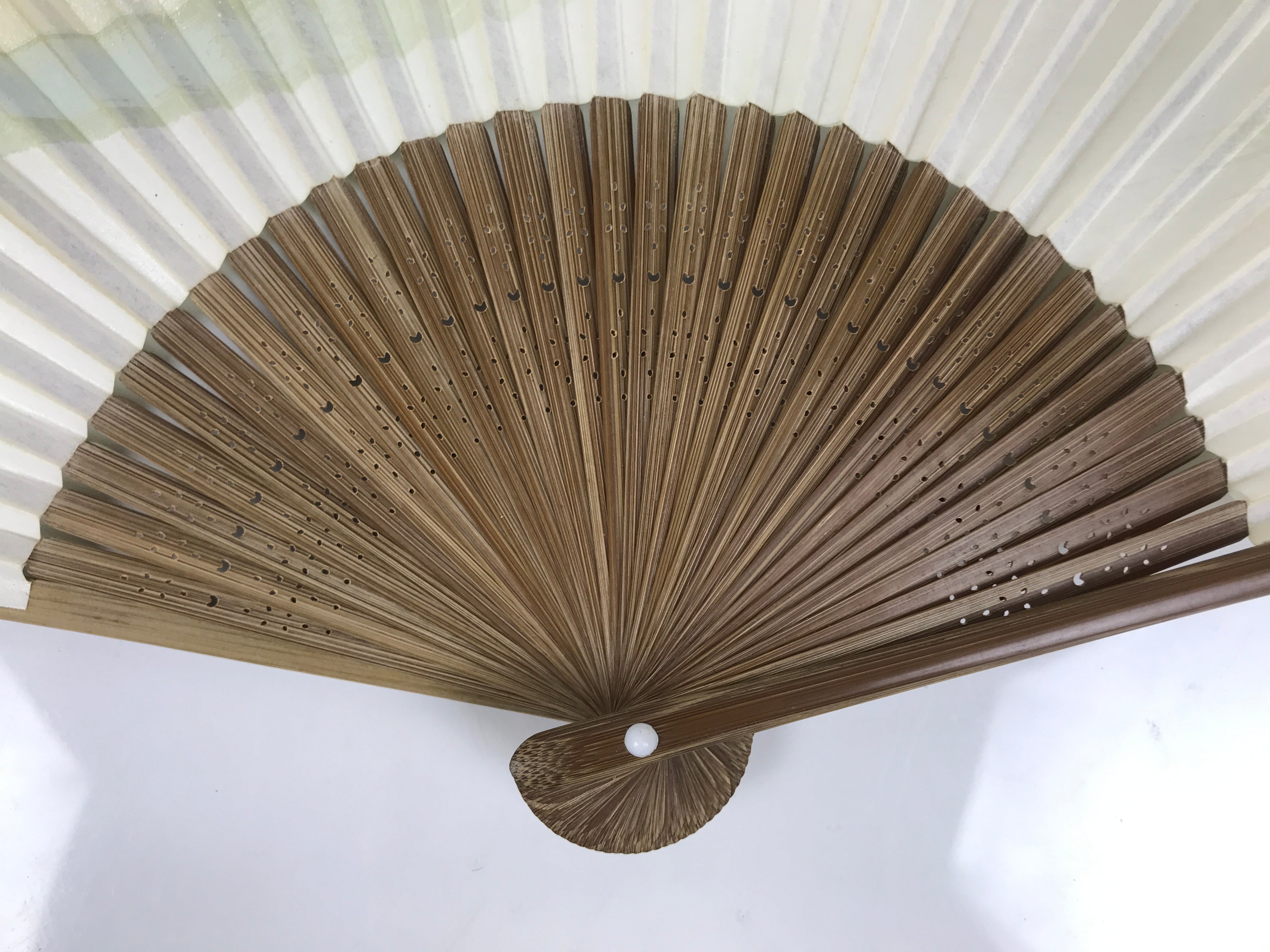 Japanese Paper Folding Fan Vtg Sensu Bamboo Frame Green Gold Brush Stroke 5D48-AD - Fan-chidorivintage.com