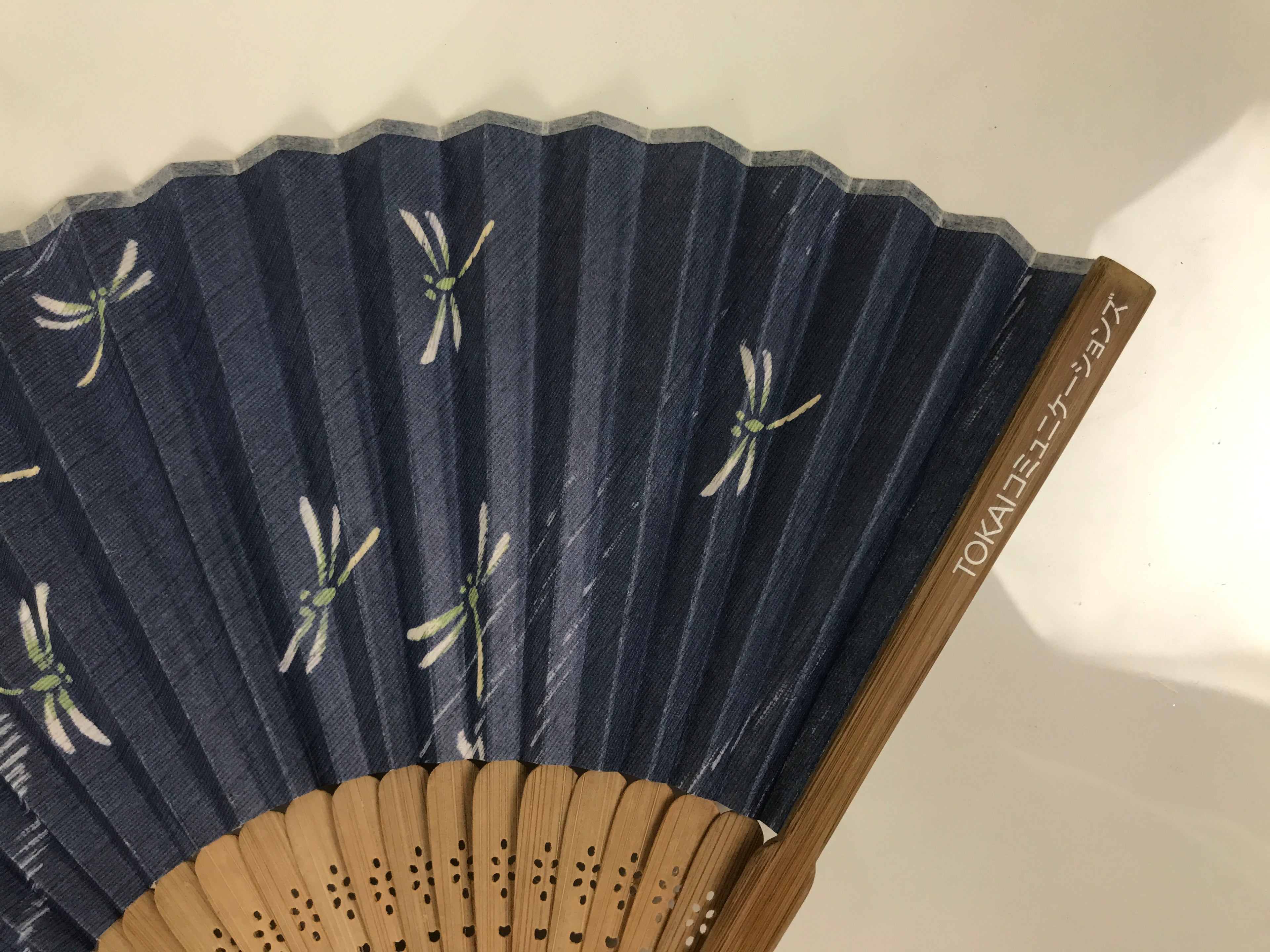 Japanese Paper Folding Fan Vtg Sensu Bamboo Frame Blue Pond Dragonflies 5D50-AD - Fan-chidorivintage.com