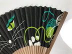 Japanese Paper Folding Fan Vtg Sensu Bamboo Frame Black Cat Green Vines 5D51-AD - Fan-chidorivintage.com