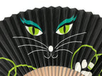 Japanese Paper Folding Fan Vtg Sensu Bamboo Frame Black Cat Green Vines 5D51-AD - Fan-chidorivintage.com