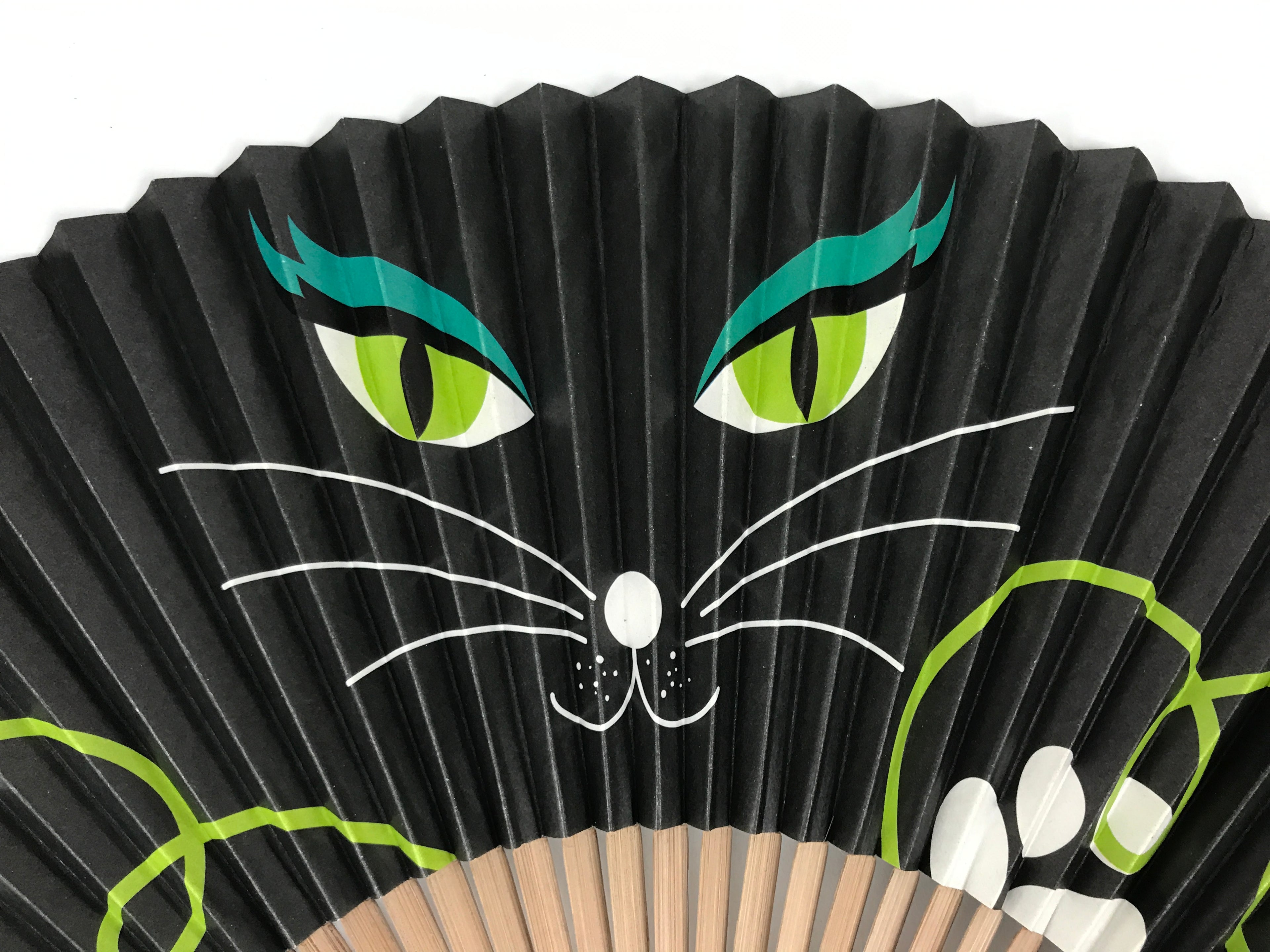 Japanese Paper Folding Fan Vtg Sensu Bamboo Frame Black Cat Green Vines 5D51-AD - Fan-chidorivintage.com