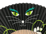 Japanese Paper Folding Fan Vtg Sensu Bamboo Frame Black Cat Green Vines 5D51-AD - Fan-chidorivintage.com