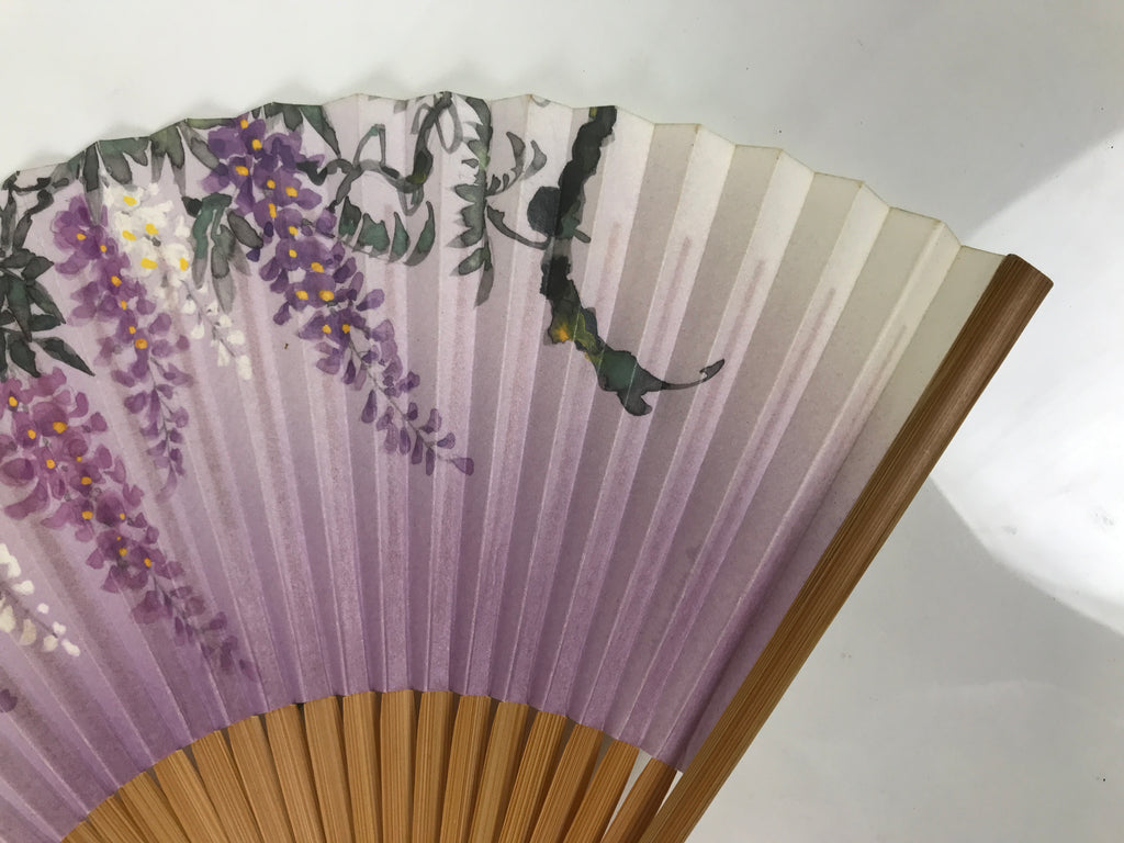 Japanese Paper Folding Fan Vtg Sensu Bamboo Frame Purple Wisteria Flowers 5D52-AD - Fan-chidorivintage.com