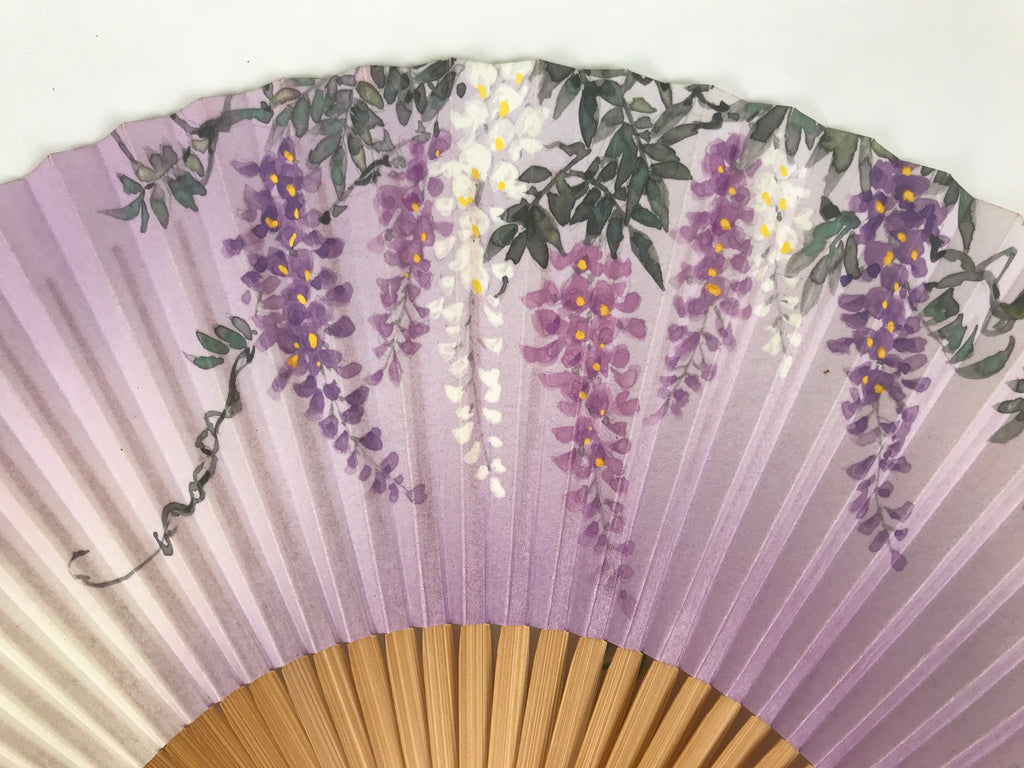 Japanese Paper Folding Fan Vtg Sensu Bamboo Frame Purple Wisteria Flowers 5D52-AD - Fan-chidorivintage.com