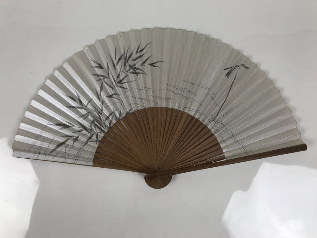 Japanese Paper Folding Fan Vtg Sensu Bamboo Frame Silver Plants Dragonfly 5D53-AD - Fan-chidorivintage.com