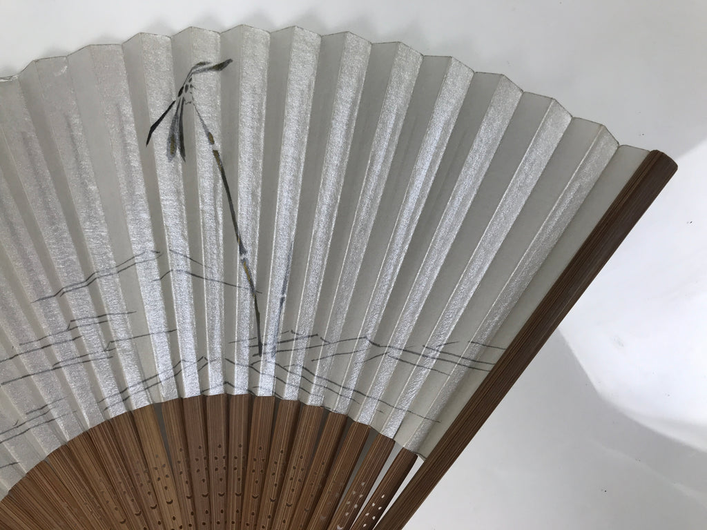 Japanese Paper Folding Fan Vtg Sensu Bamboo Frame Silver Plants Dragonfly 5D53-AD - Fan-chidorivintage.com
