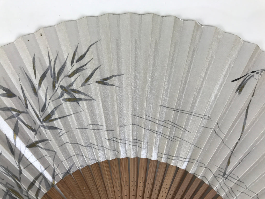 Japanese Paper Folding Fan Vtg Sensu Bamboo Frame Silver Plants Dragonfly 5D53-AD - Fan-chidorivintage.com