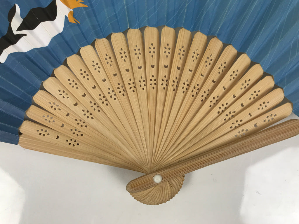 Japanese Paper Folding Fan Vtg Sensu Bamboo Cutout Frame Penguins Blue 5D54-AD - Fan-chidorivintage.com